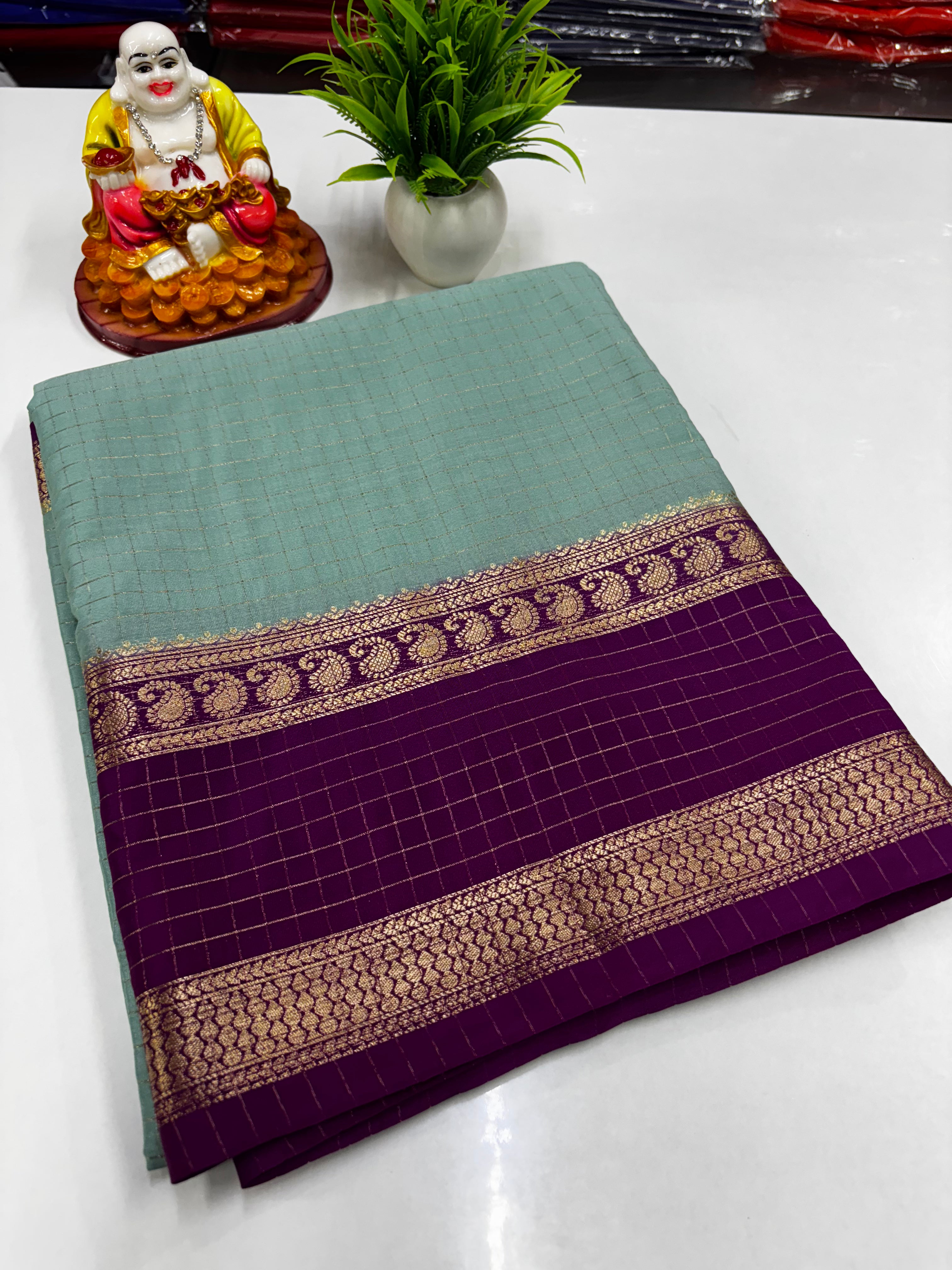 Mysore Crepe Silk Saree with Mango Bentex Border & Chex Design