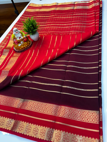 Mysore Crepe Silk Saree with Stripes & Rich Pallu – Padmavathi Silks and Sarees