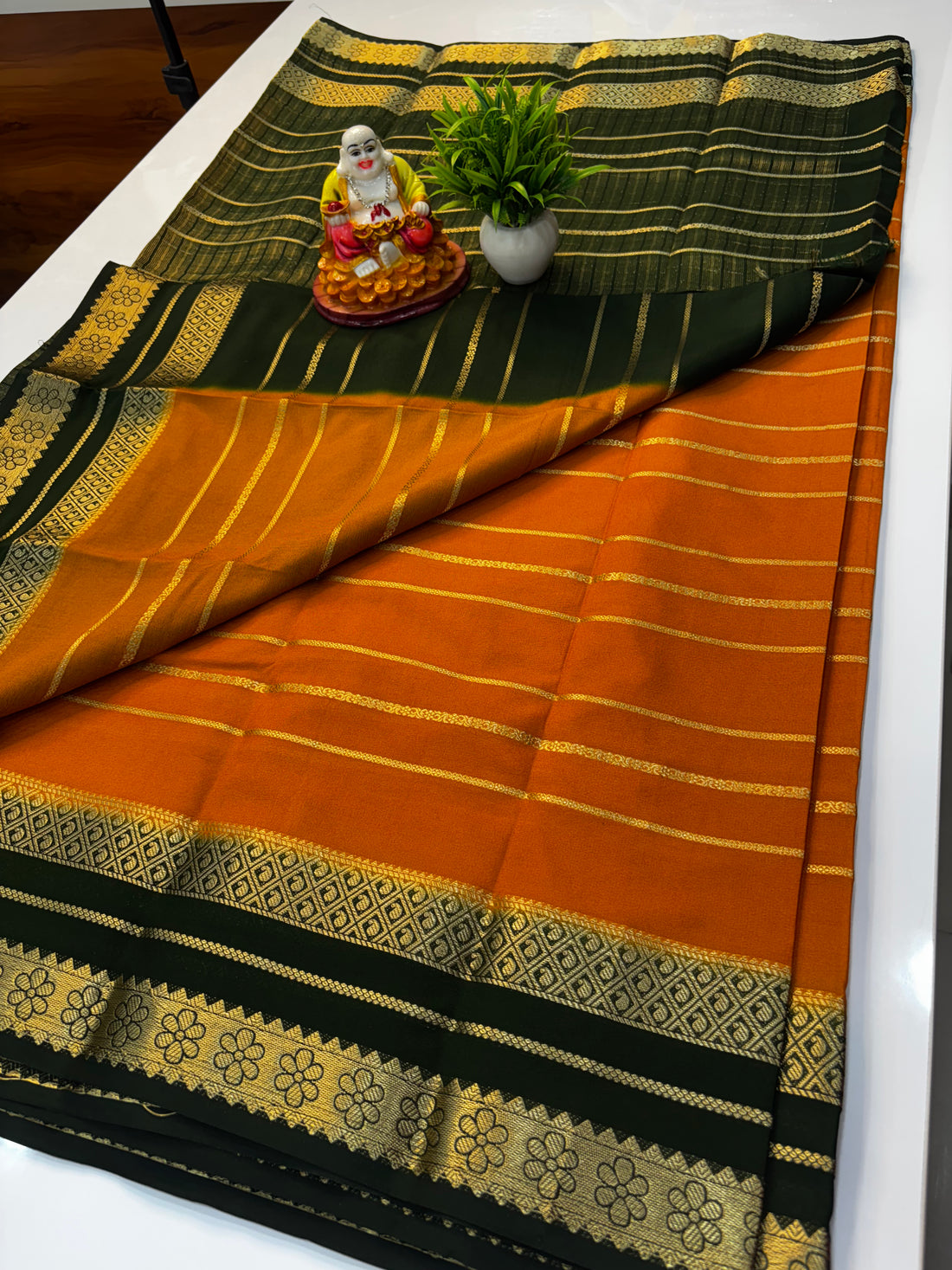 Mysore Crepe Silk Saree with Stripes & Rich Pallu – Padmavathi Silks and Sarees