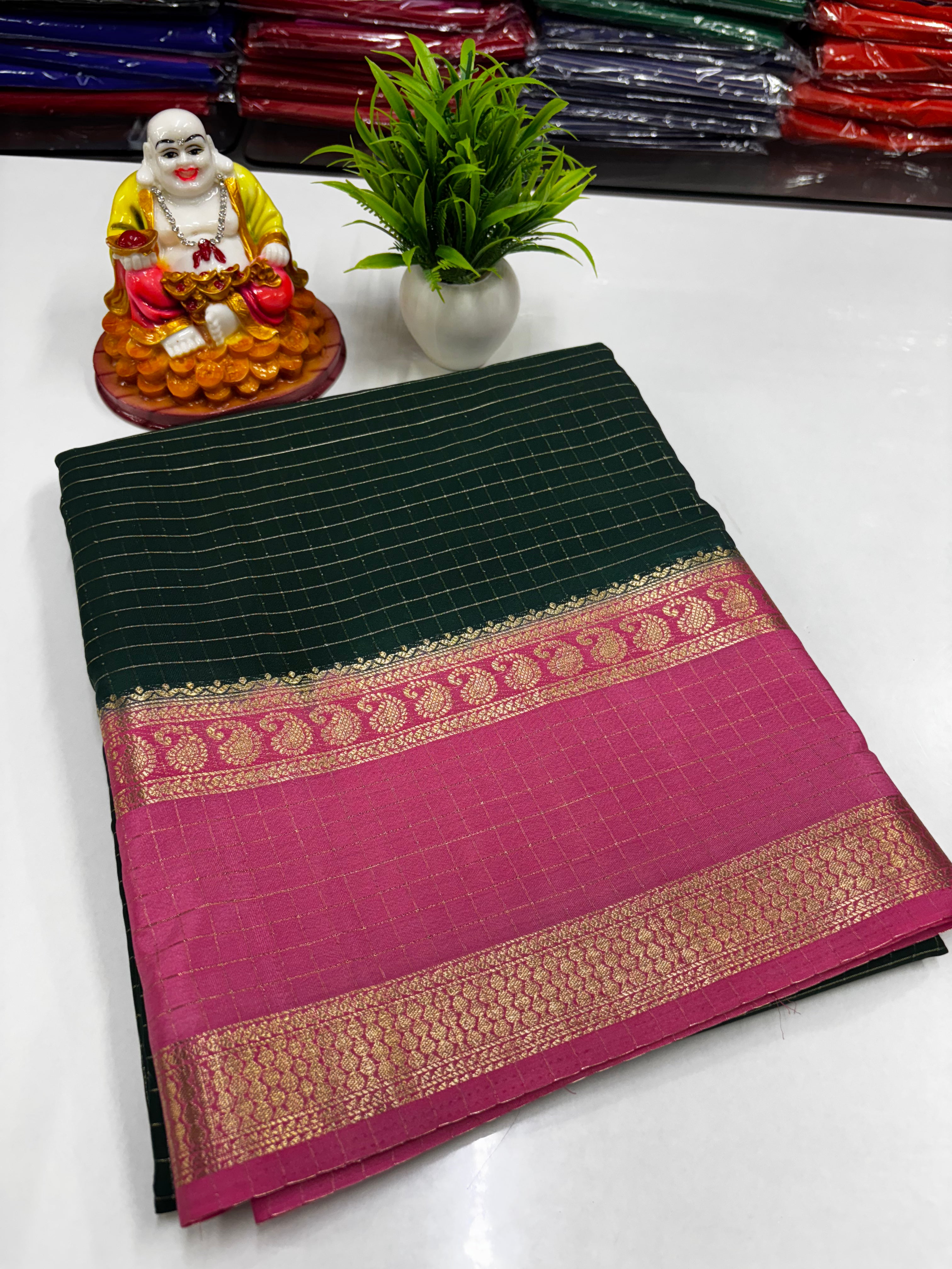 Mysore Crepe Silk Saree with Mango Bentex Border & Chex Design