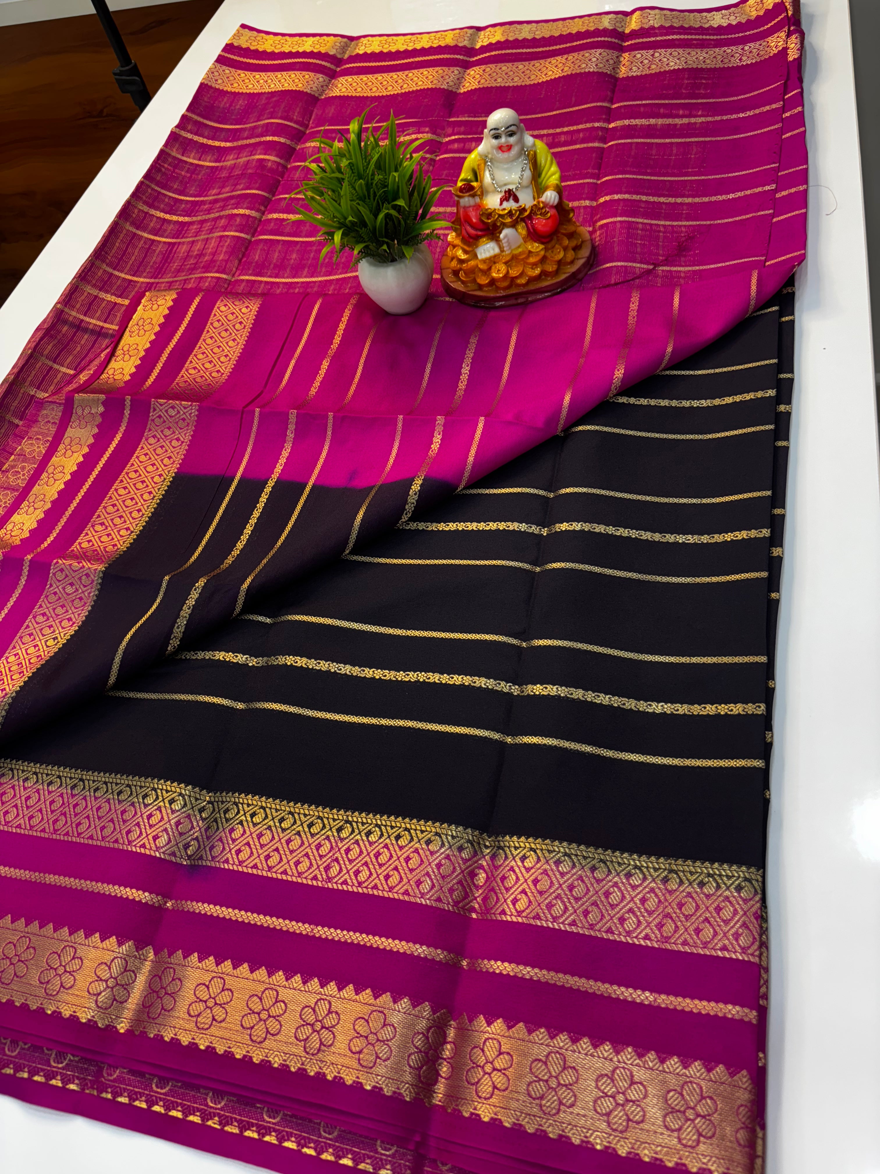 Mysore Crepe Silk Saree with Stripes & Rich Pallu – Padmavathi Silks and Sarees