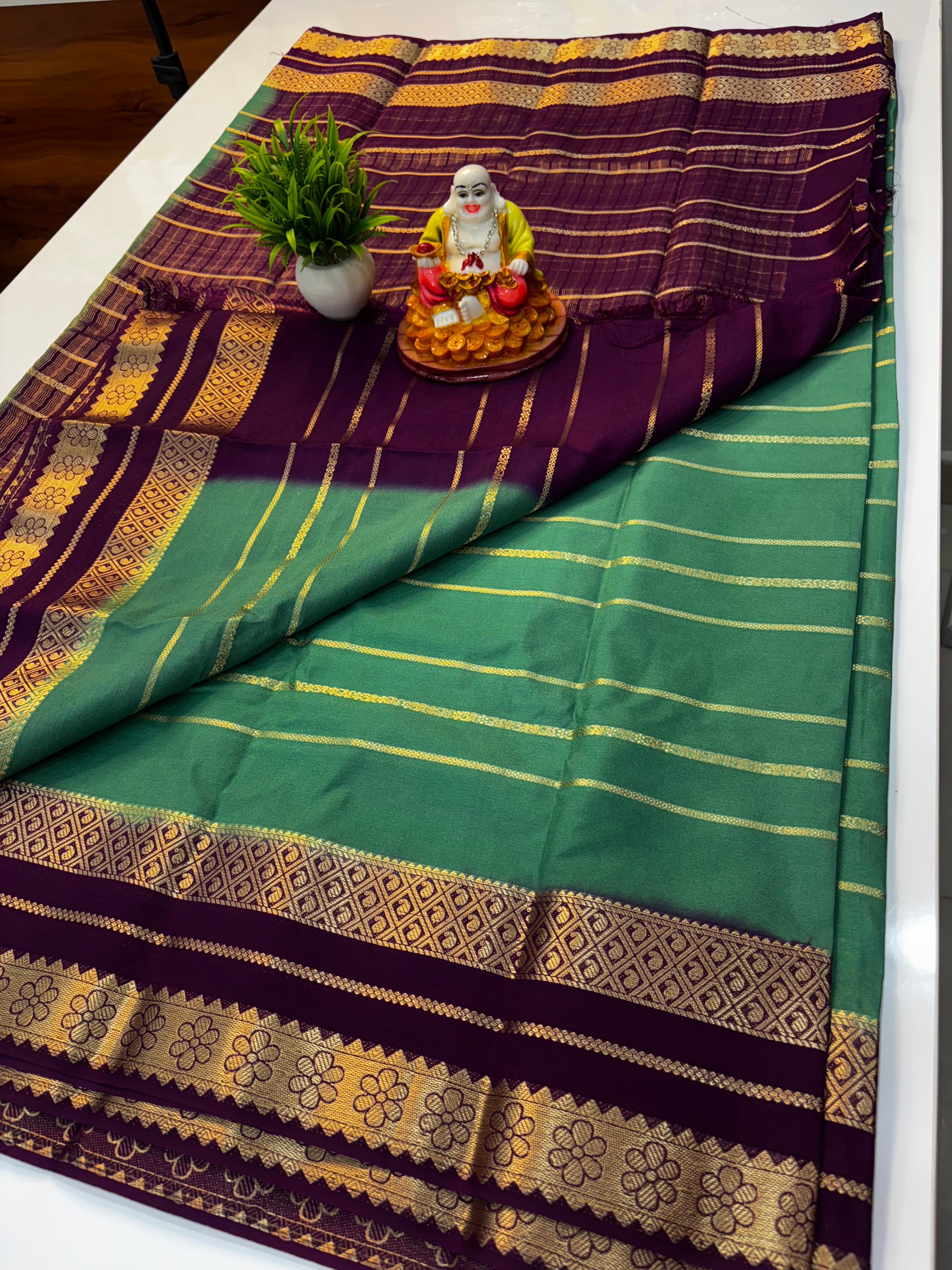 Mysore Crepe Silk Saree with Stripes & Rich Pallu – Padmavathi Silks and Sarees