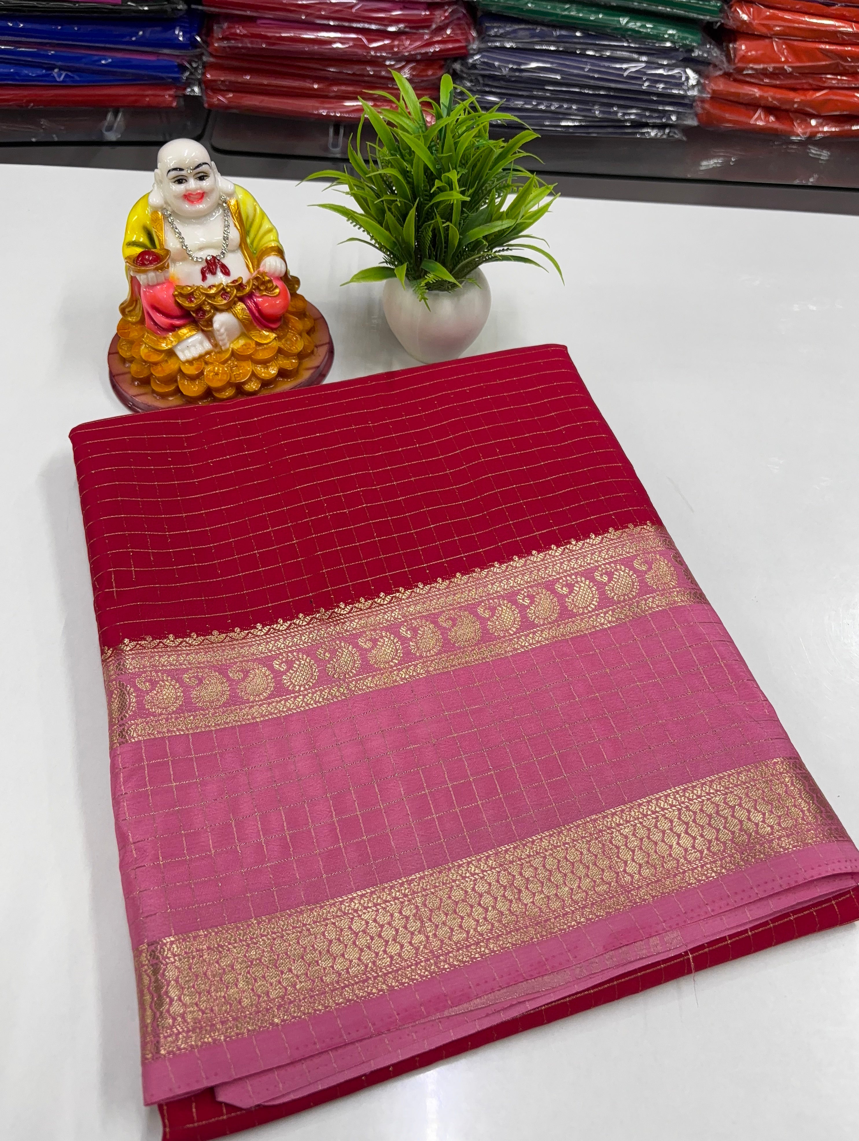 Mysore Crepe Silk Saree with Mango Bentex Border & Chex Design