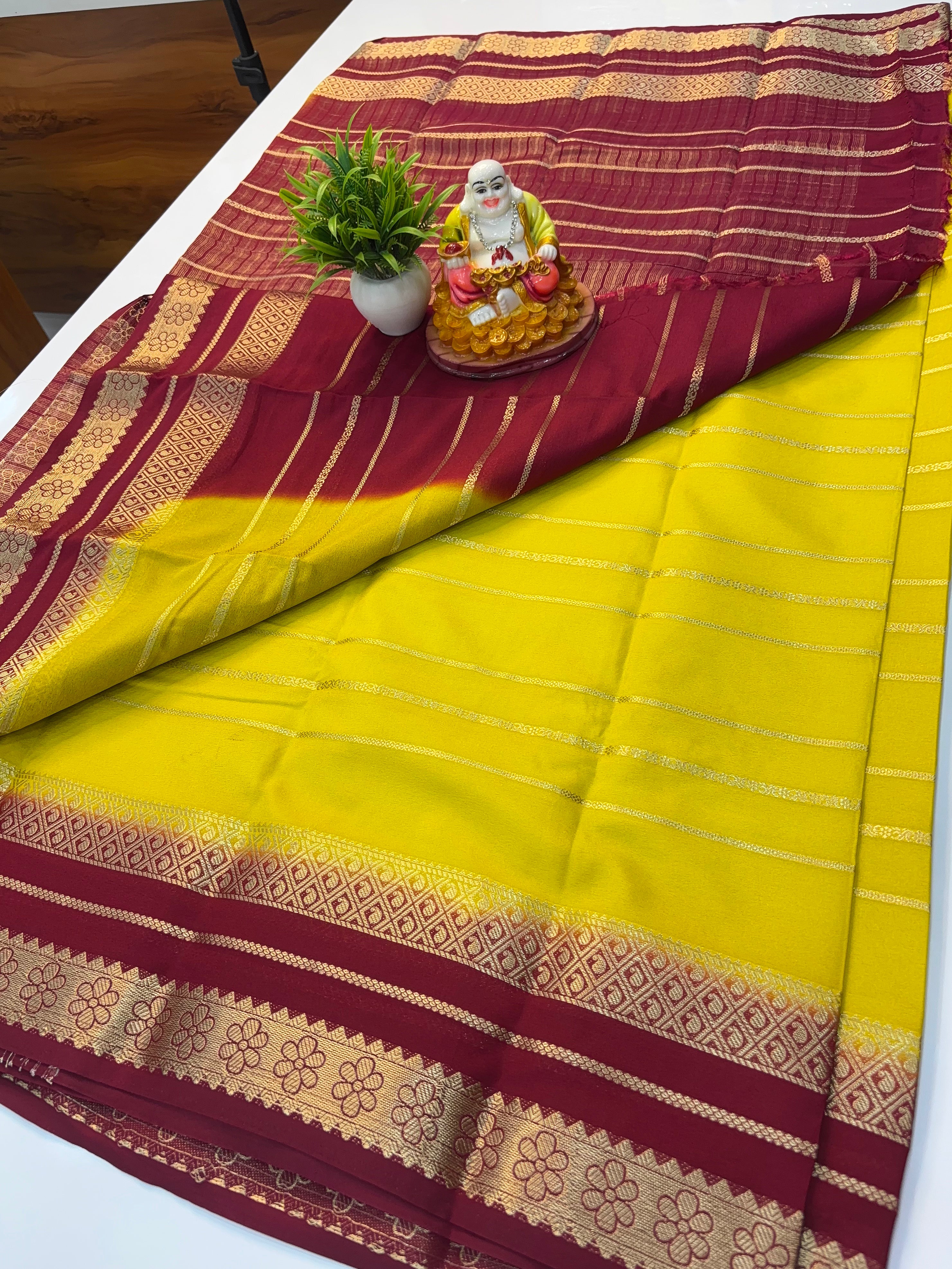 Mysore Crepe Silk Saree with Stripes & Rich Pallu – Padmavathi Silks and Sarees