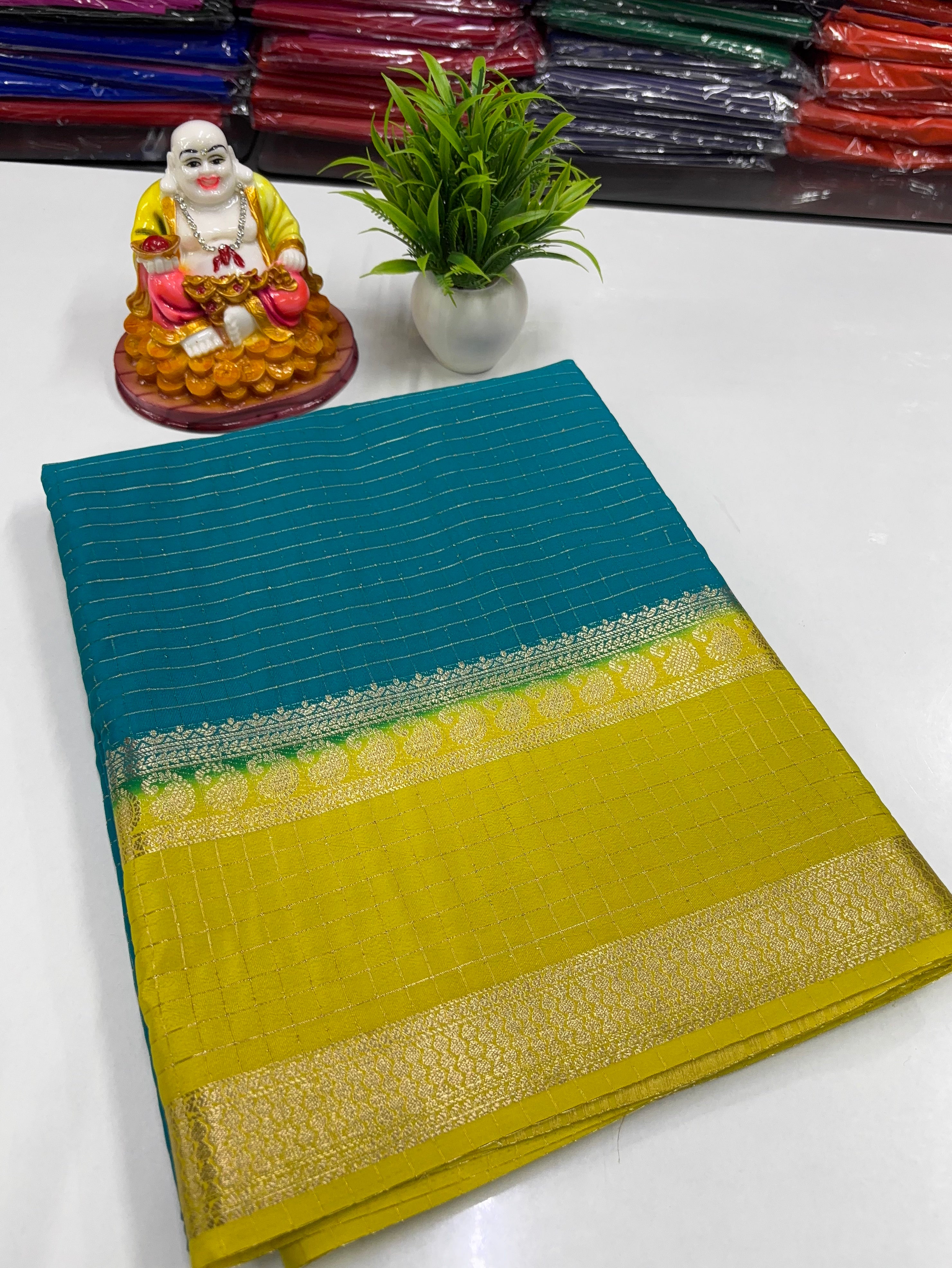 Mysore Crepe Silk Saree with Mango Bentex Border & Chex Design