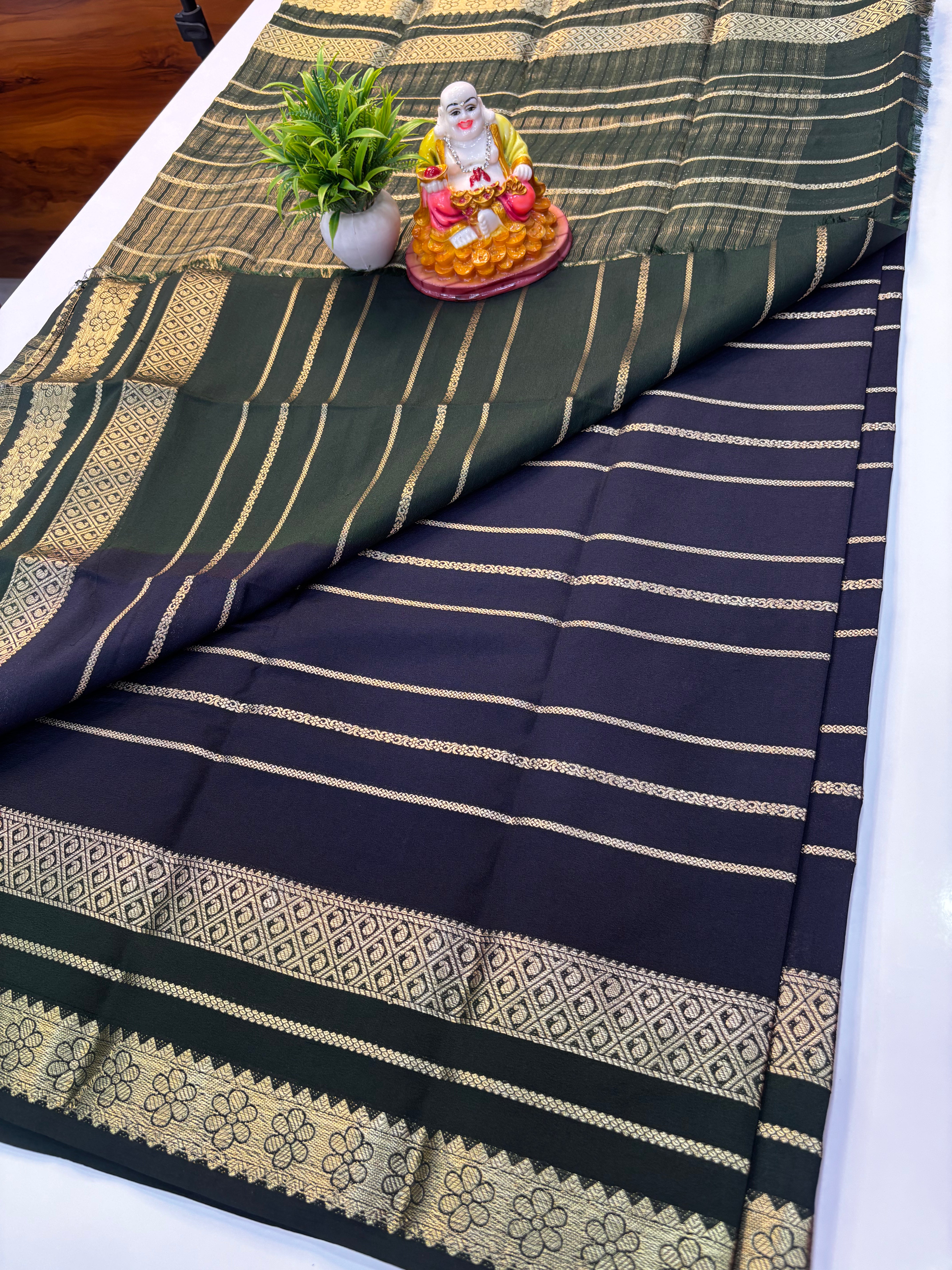 Mysore Crepe Silk Saree with Stripes & Rich Pallu – Padmavathi Silks and Sarees