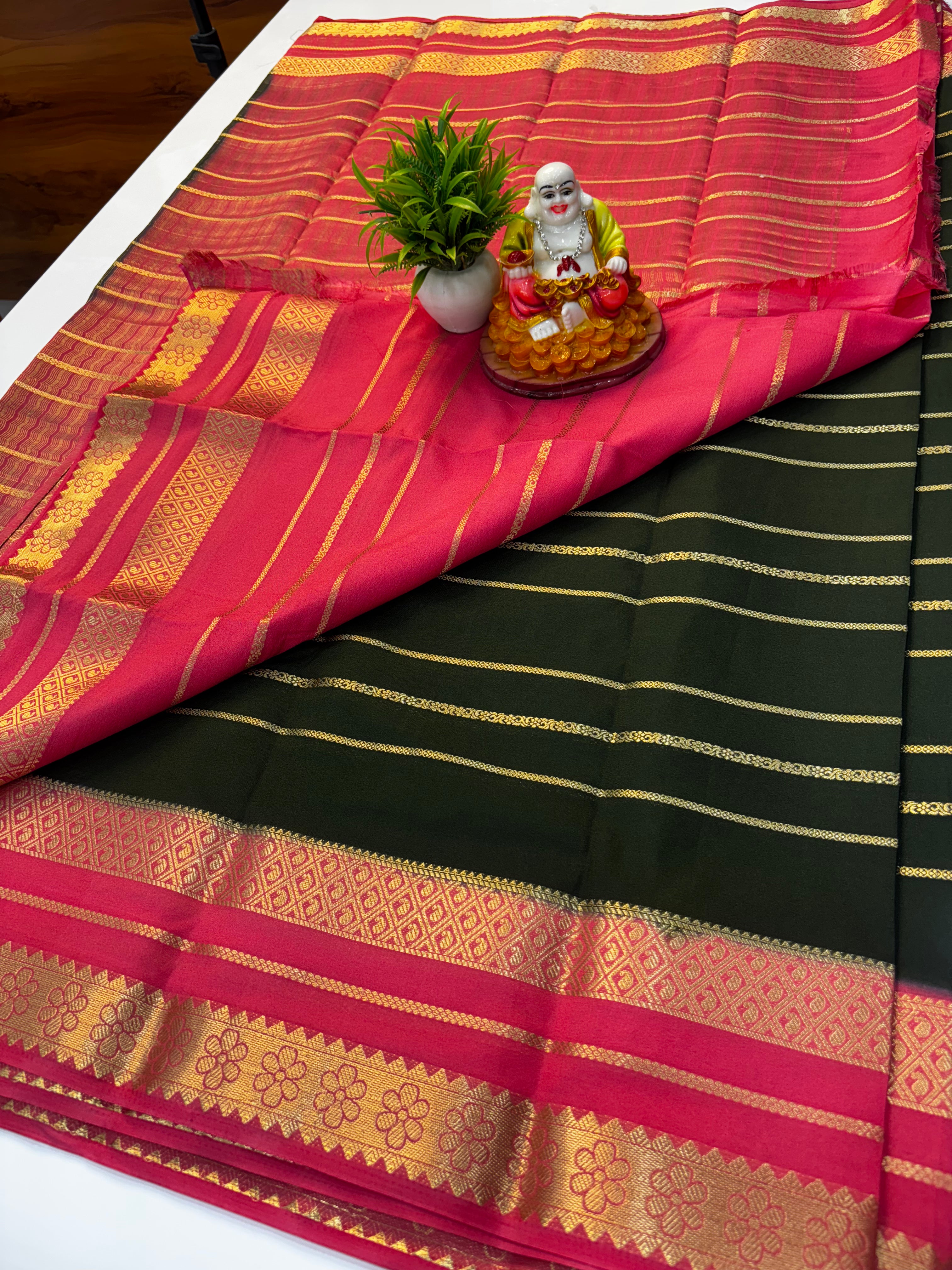 Mysore Crepe Silk Saree with Stripes & Rich Pallu – Padmavathi Silks and Sarees