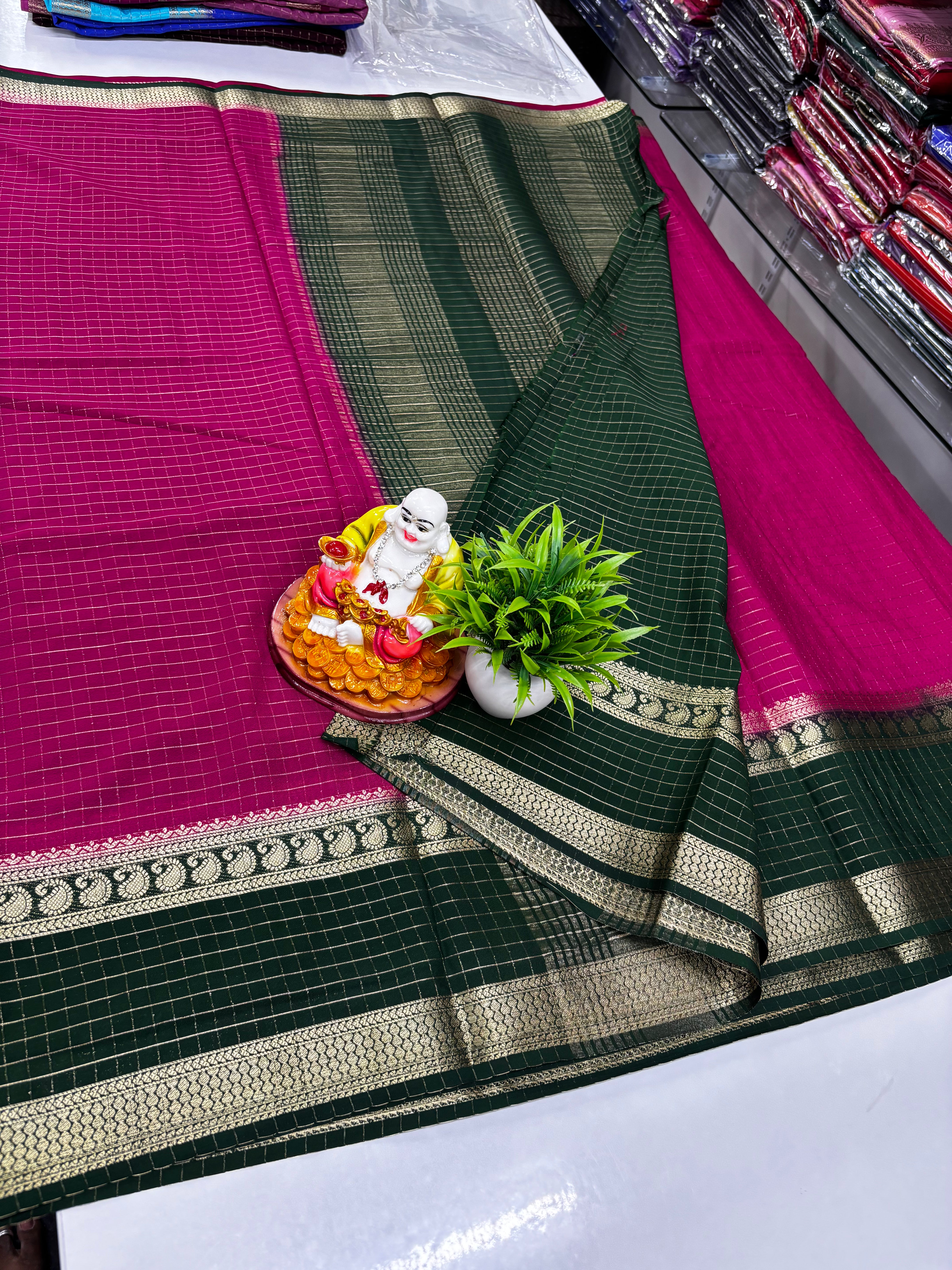 Mysore Crepe Silk Saree with Mango Bentex Border & Chex Design