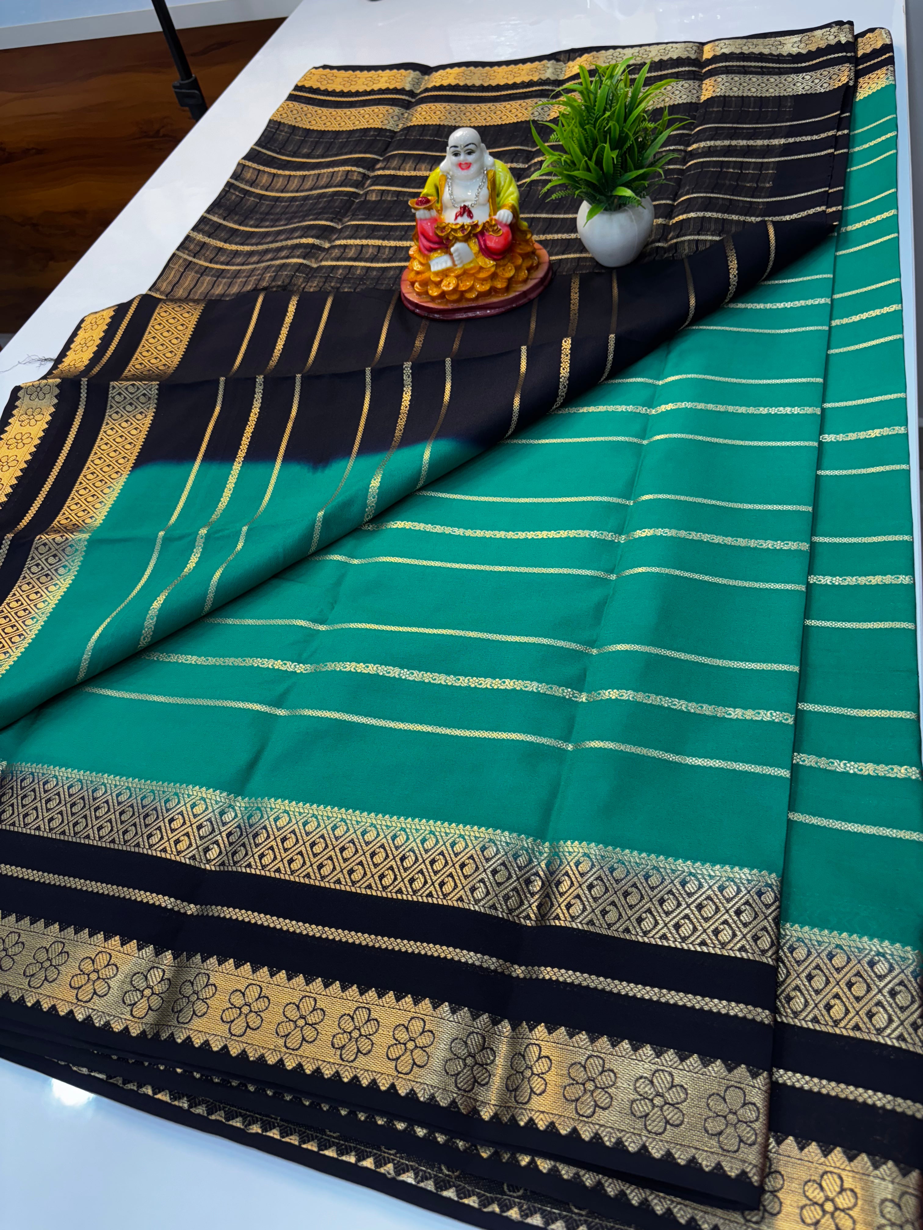 Mysore Crepe Silk Saree with Stripes & Rich Pallu – Padmavathi Silks and Sarees