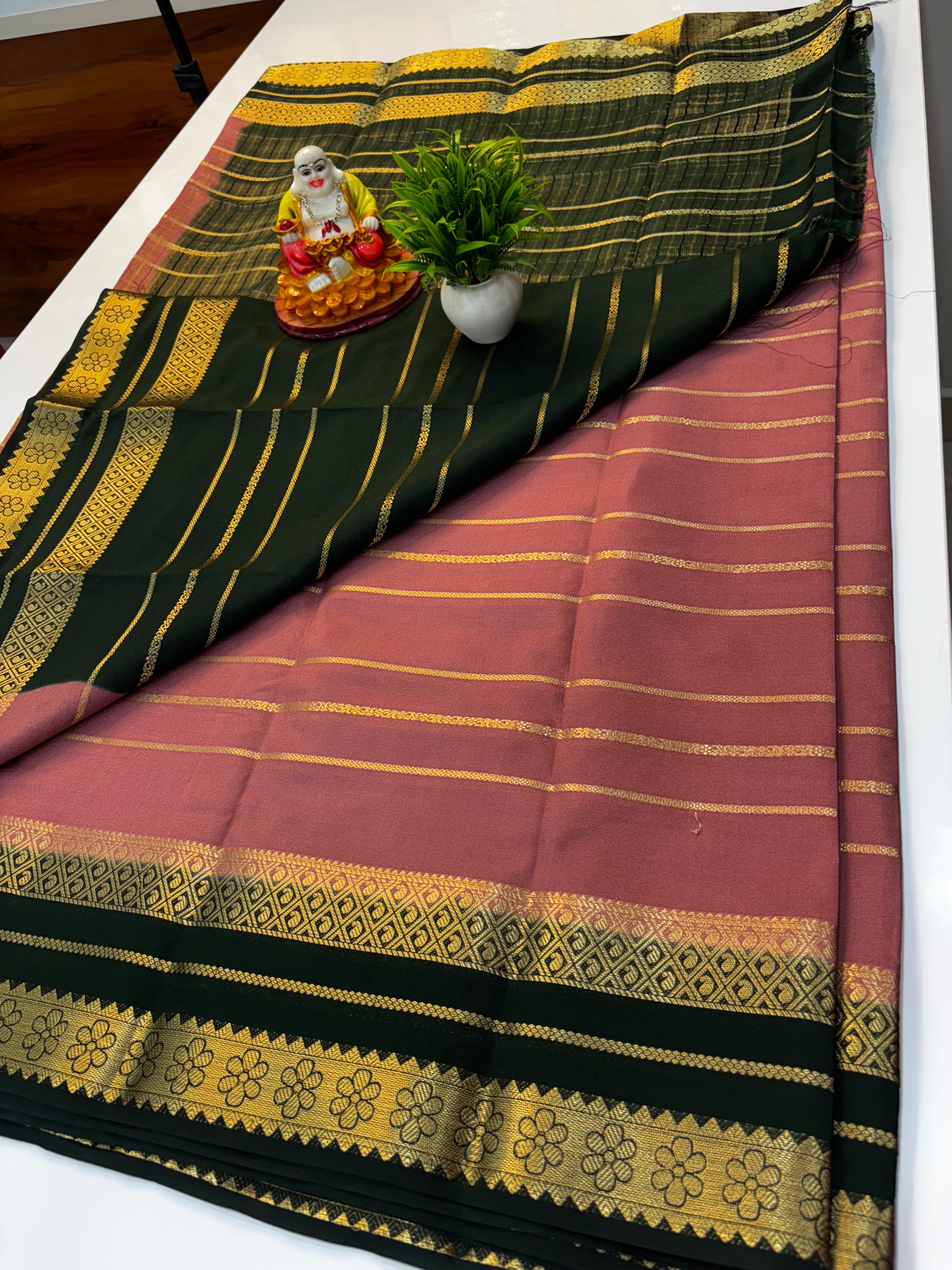 Mysore Crepe Silk Saree with Stripes & Rich Pallu – Padmavathi Silks and Sarees