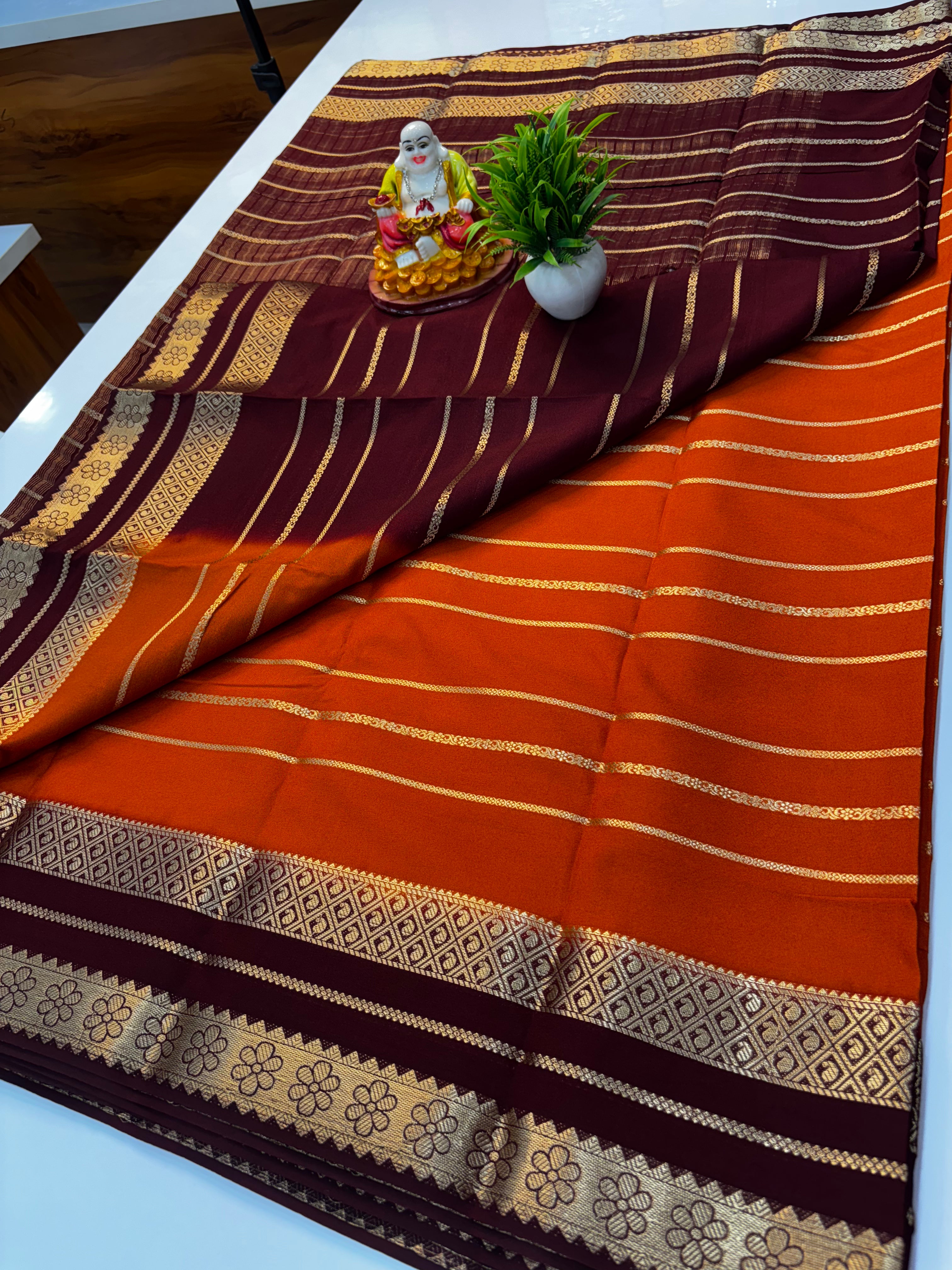 Mysore Crepe Silk Saree with Stripes & Rich Pallu – Padmavathi Silks and Sarees