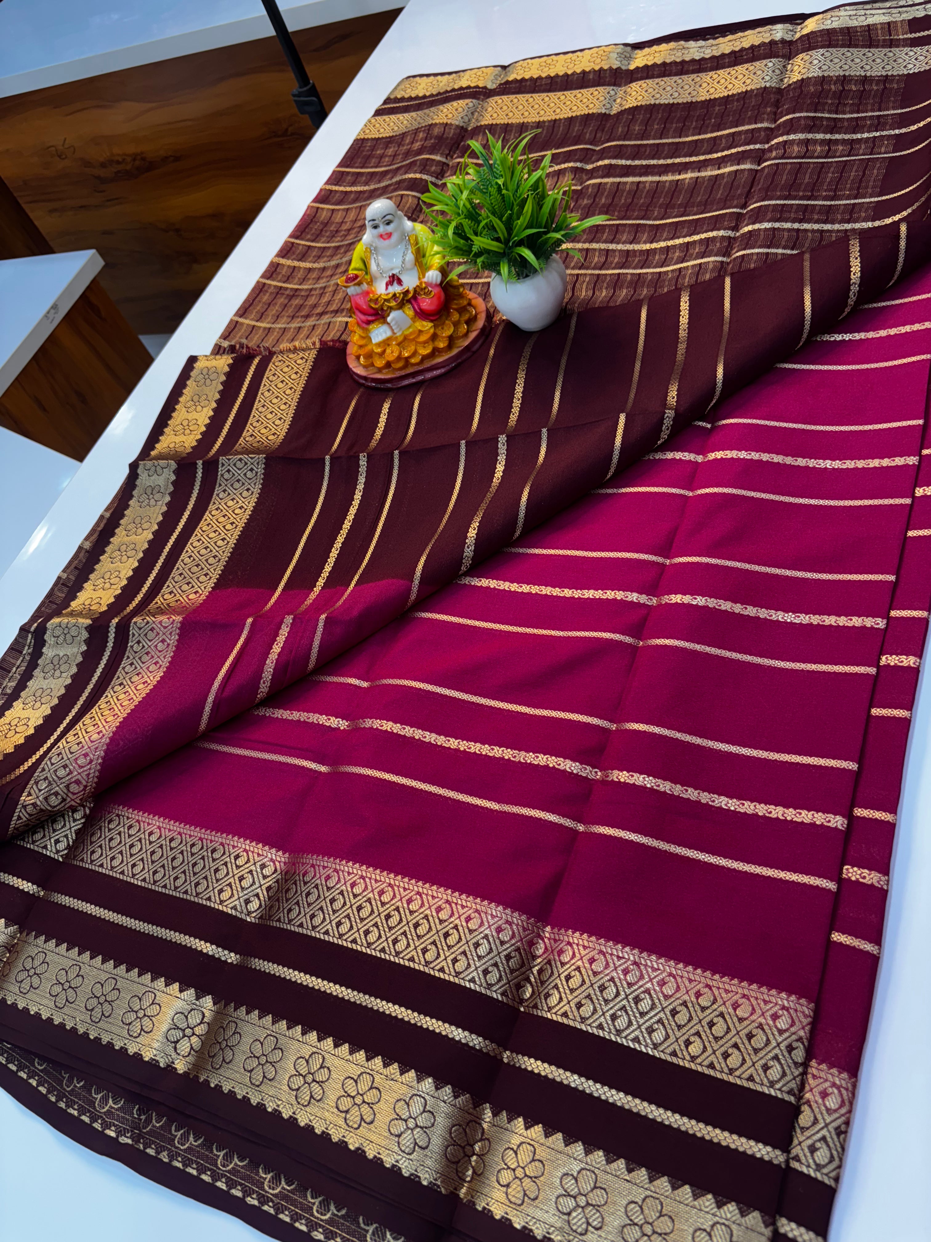 Mysore Crepe Silk Saree with Stripes & Rich Pallu – Padmavathi Silks and Sarees