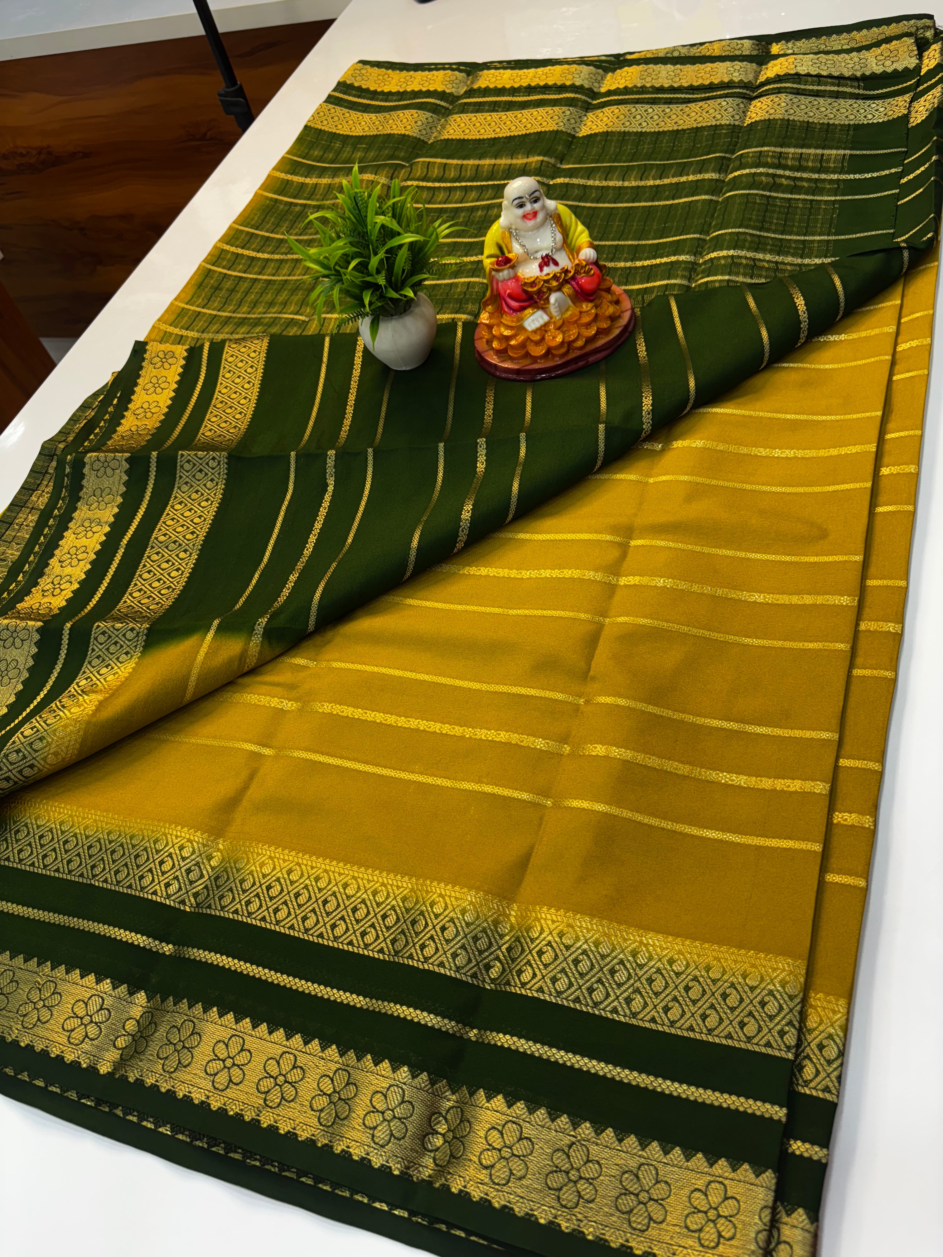 Mysore Crepe Silk Saree with Stripes & Rich Pallu – Padmavathi Silks and Sarees