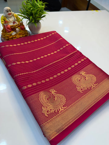 Mysore Crepe Silk Saree with Peacock Border & Stripes | Padmavathi Silks and Sarees…
