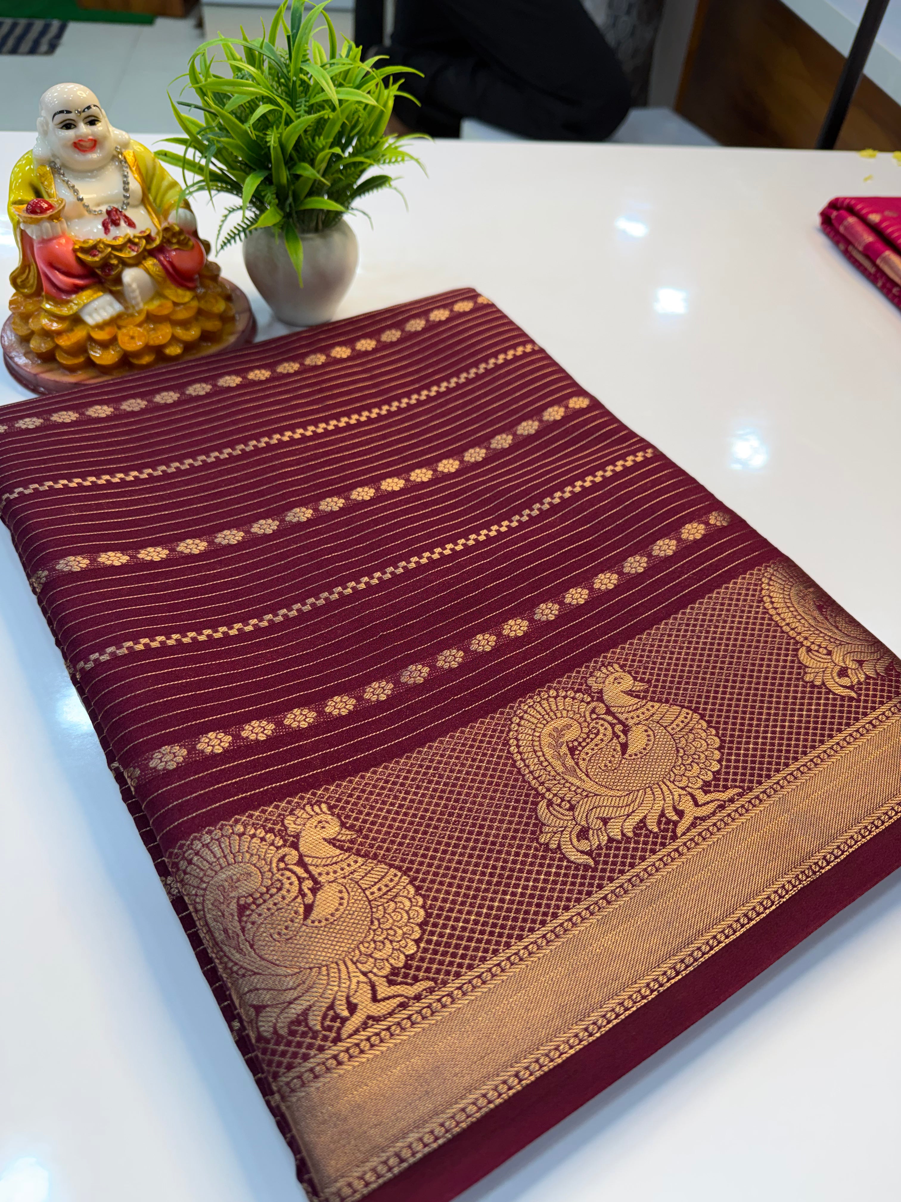 Mysore Crepe Silk Saree with Peacock Border & Stripes | Padmavathi Silks and Sarees…