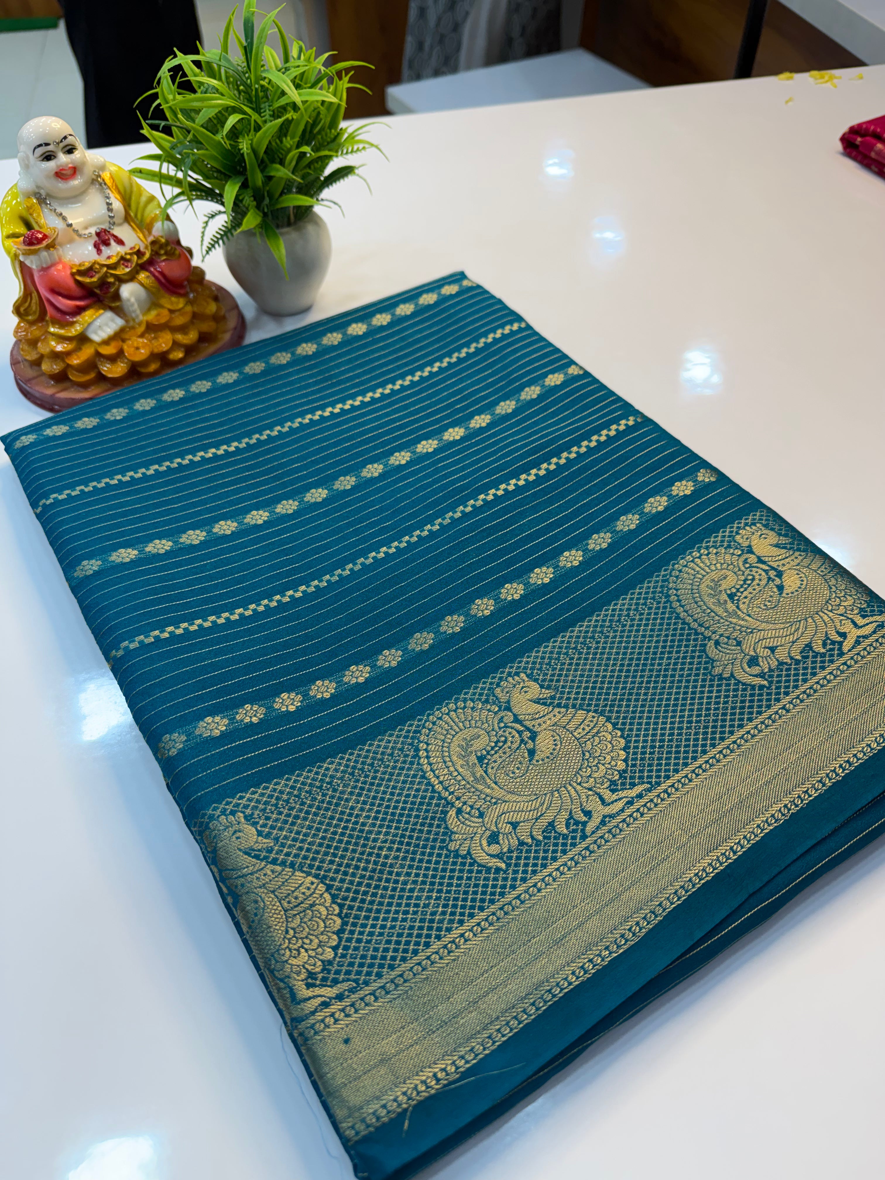 Mysore Crepe Silk Saree with Peacock Border & Stripes | Padmavathi Silks and Sarees…
