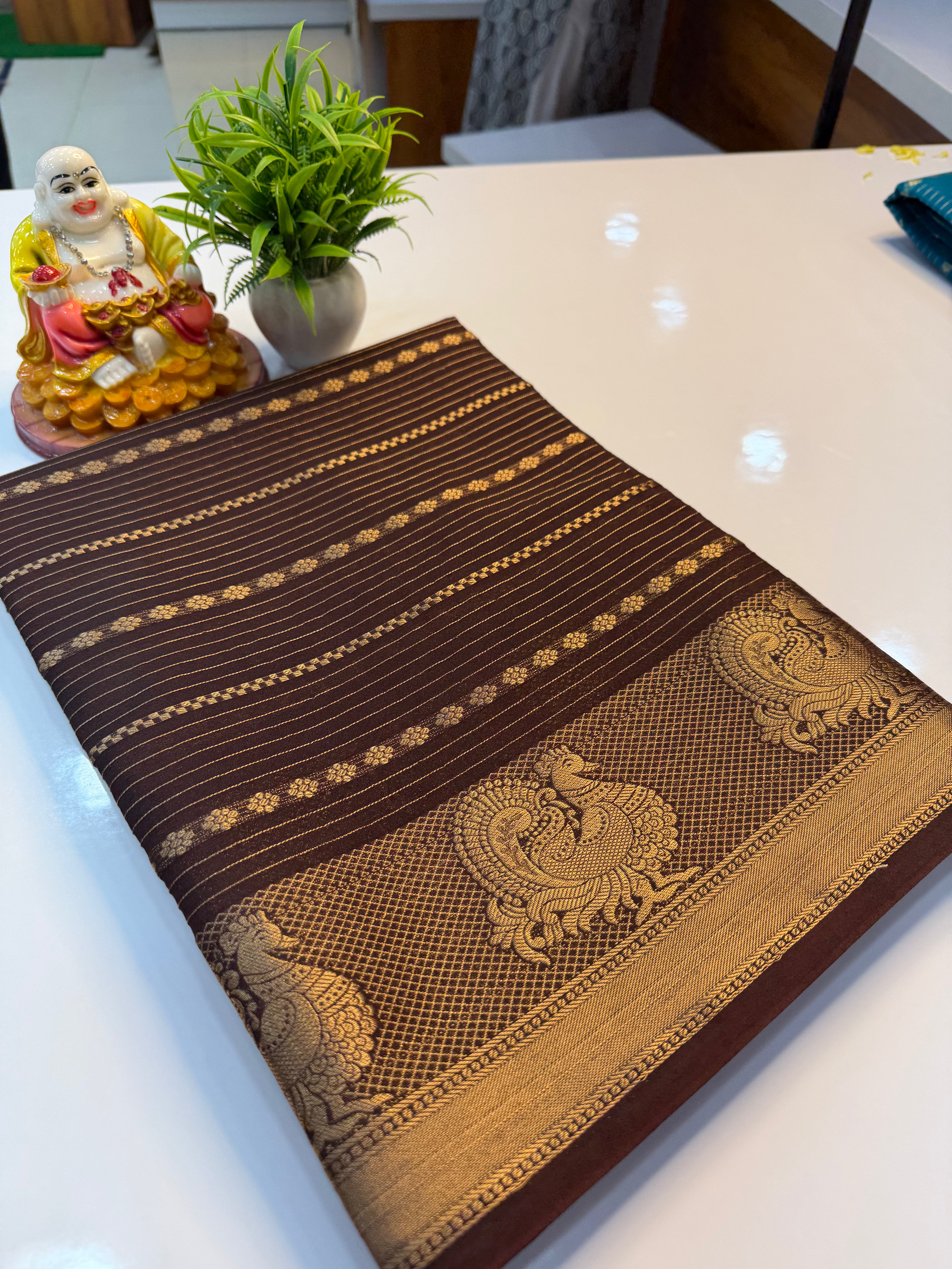 Mysore Crepe Silk Saree with Peacock Border & Stripes | Padmavathi Silks and Sarees…