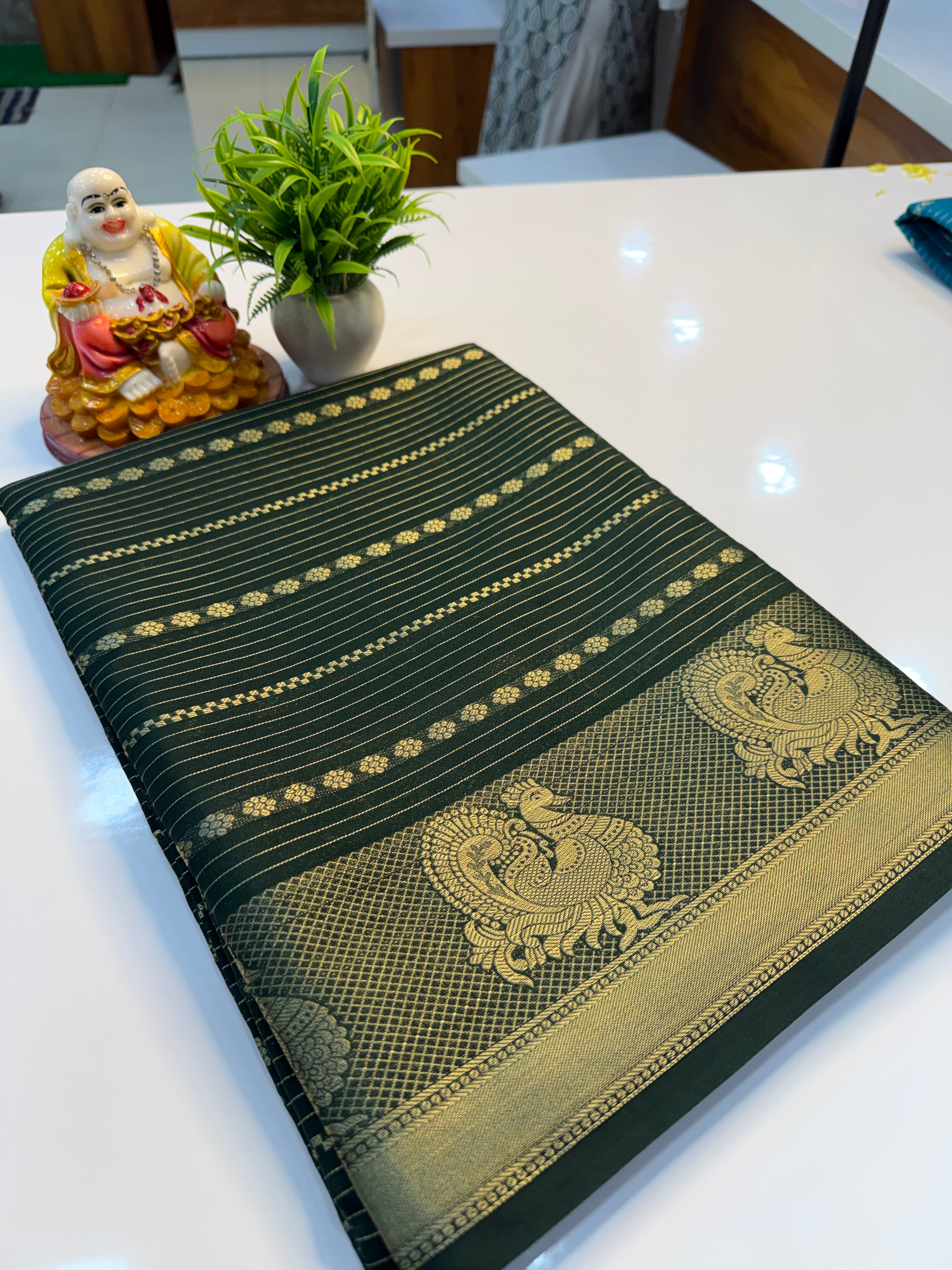 Mysore Crepe Silk Saree with Peacock Border & Stripes | Padmavathi Silks and Sarees…