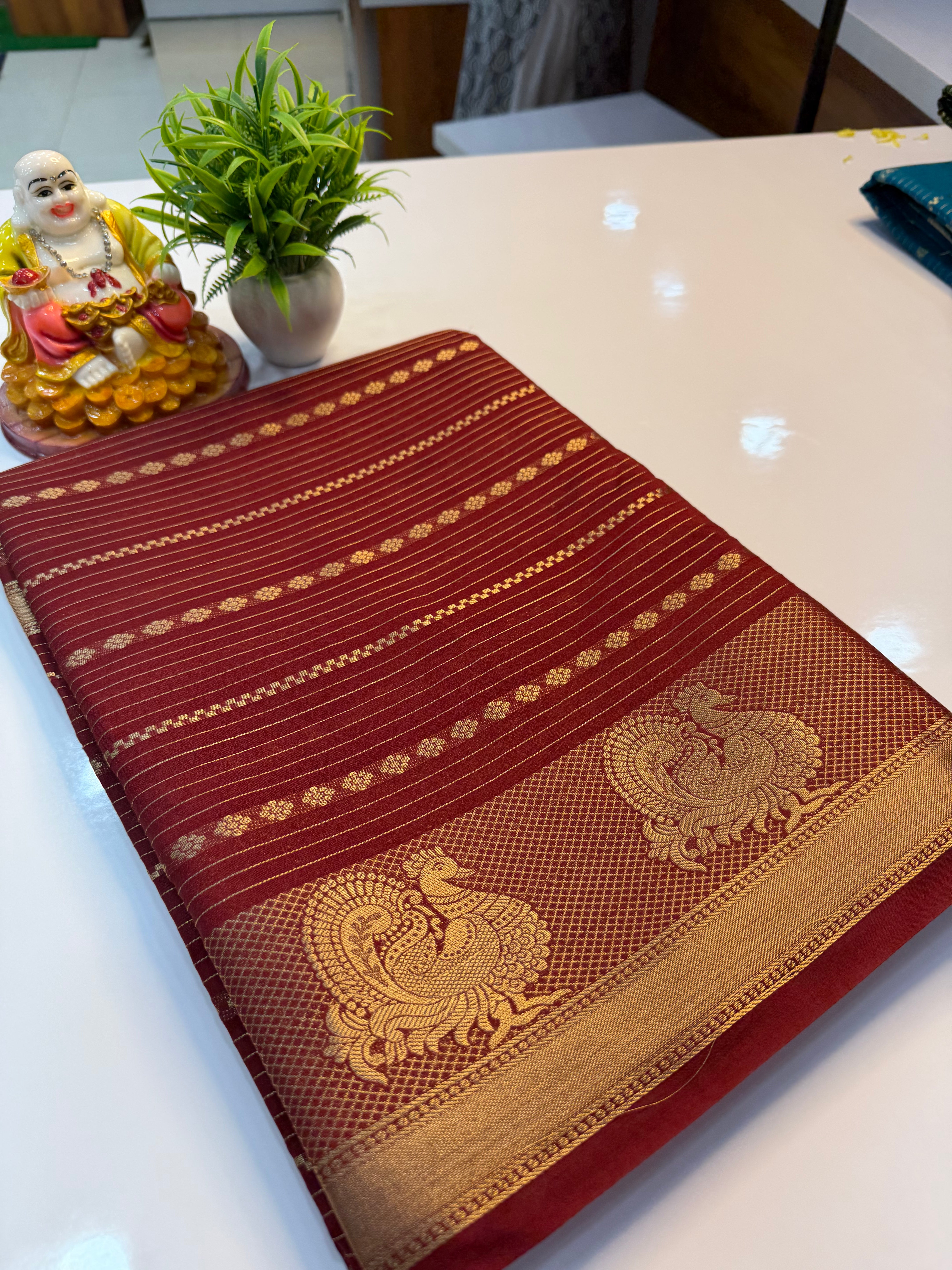 Mysore Crepe Silk Saree with Peacock Border & Stripes | Padmavathi Silks and Sarees…