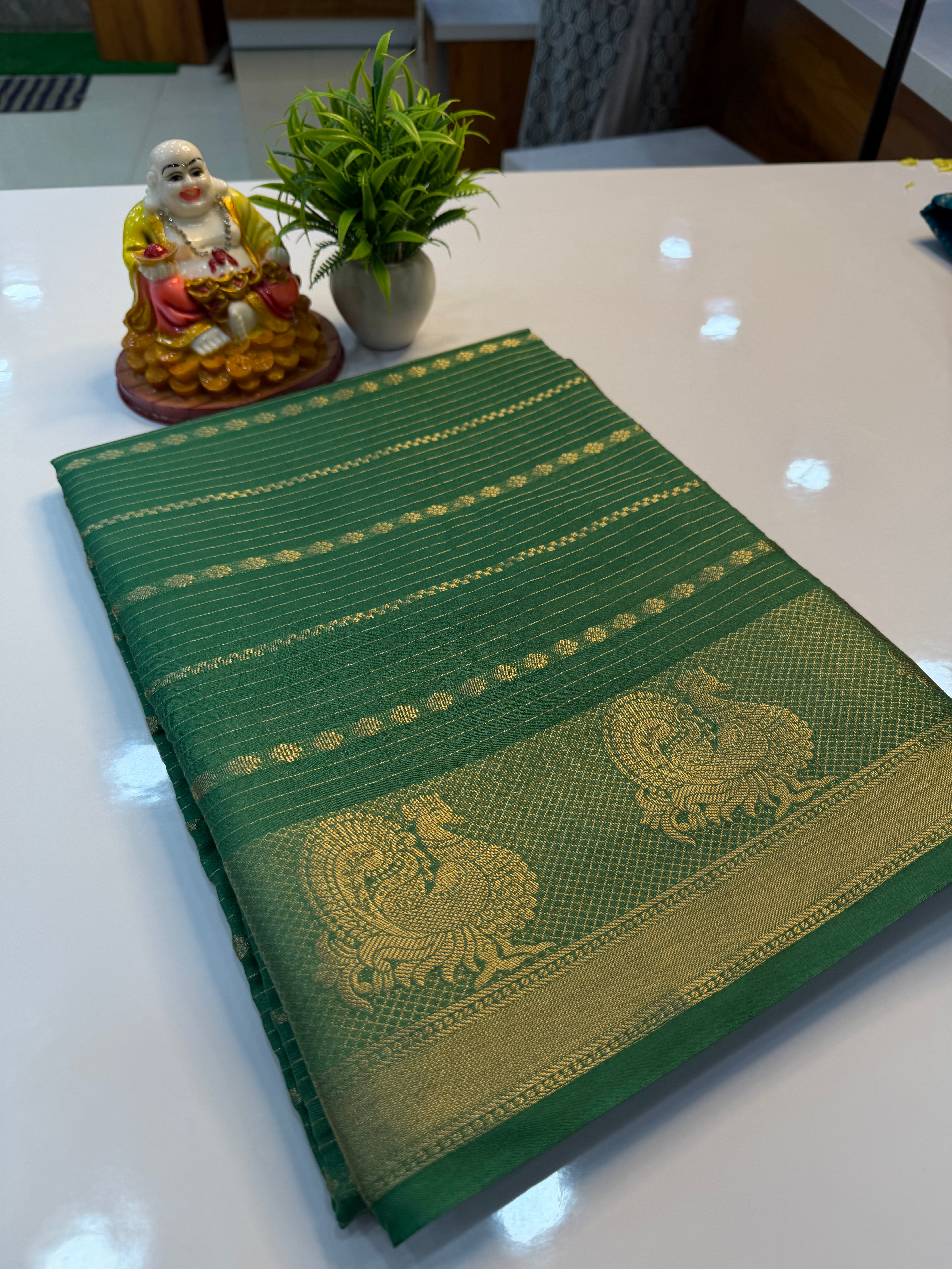 Mysore Crepe Silk Saree with Peacock Border & Stripes | Padmavathi Silks and Sarees…