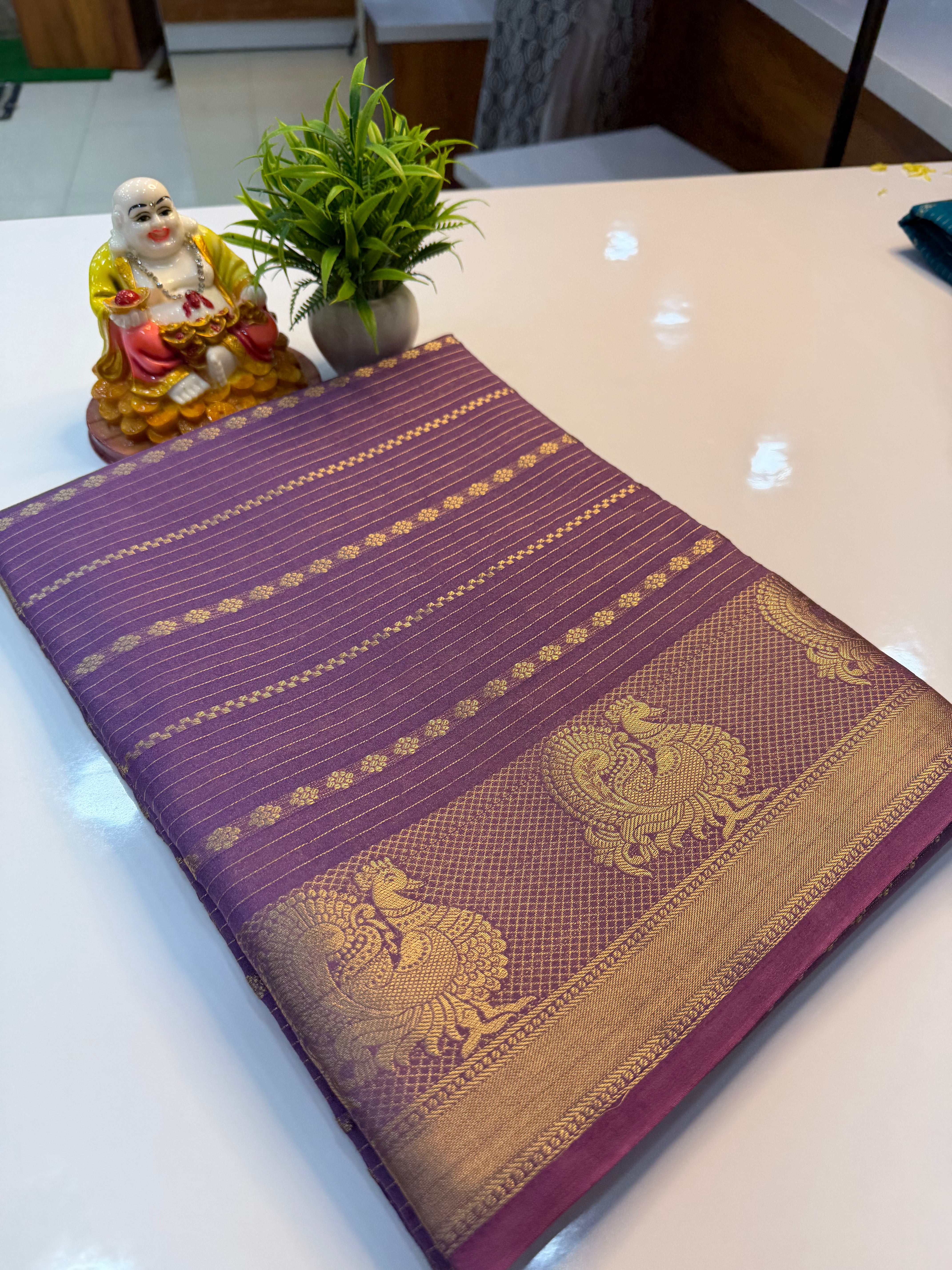 Mysore Crepe Silk Saree with Peacock Border & Stripes | Padmavathi Silks and Sarees…