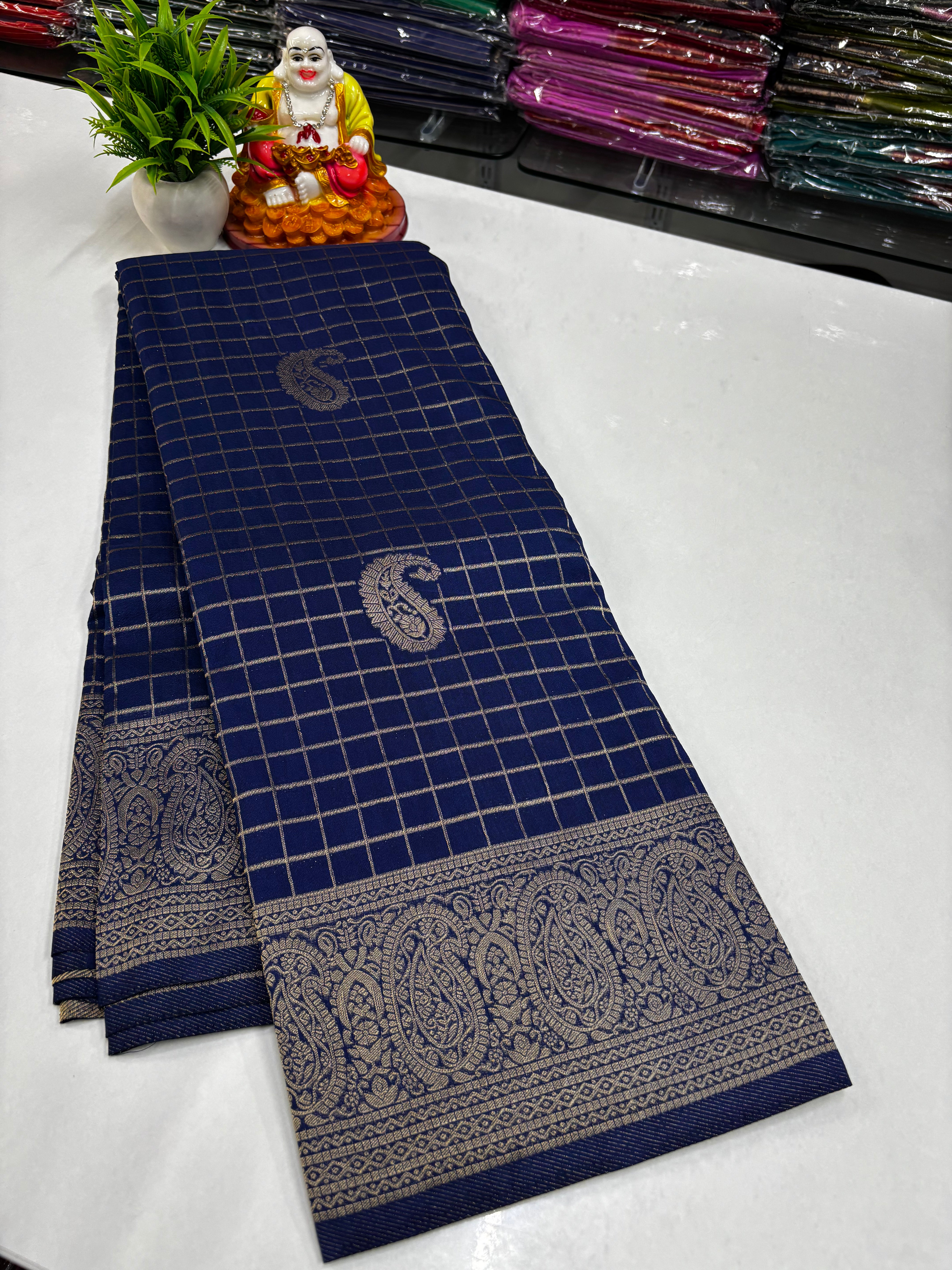 Premium Georgette Saree with Chex Pattern & Mango Design Rich Pallu