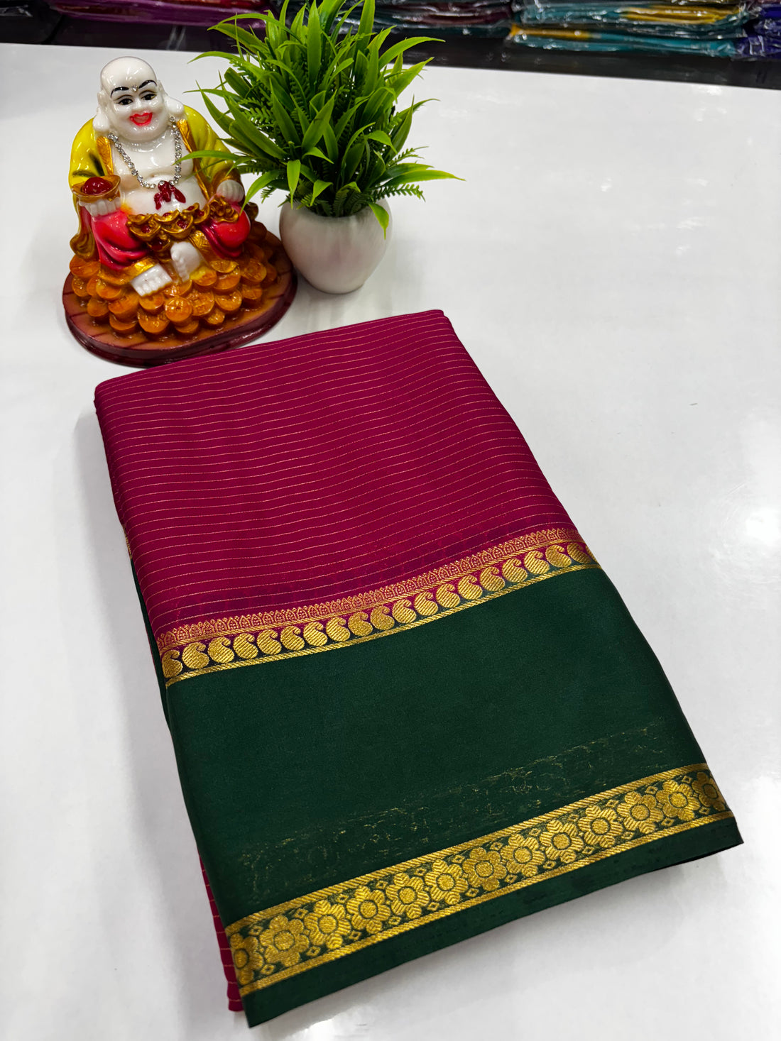 Mysore Crepe Silk Saree with Mango Bentex Border & Stripes Pattern