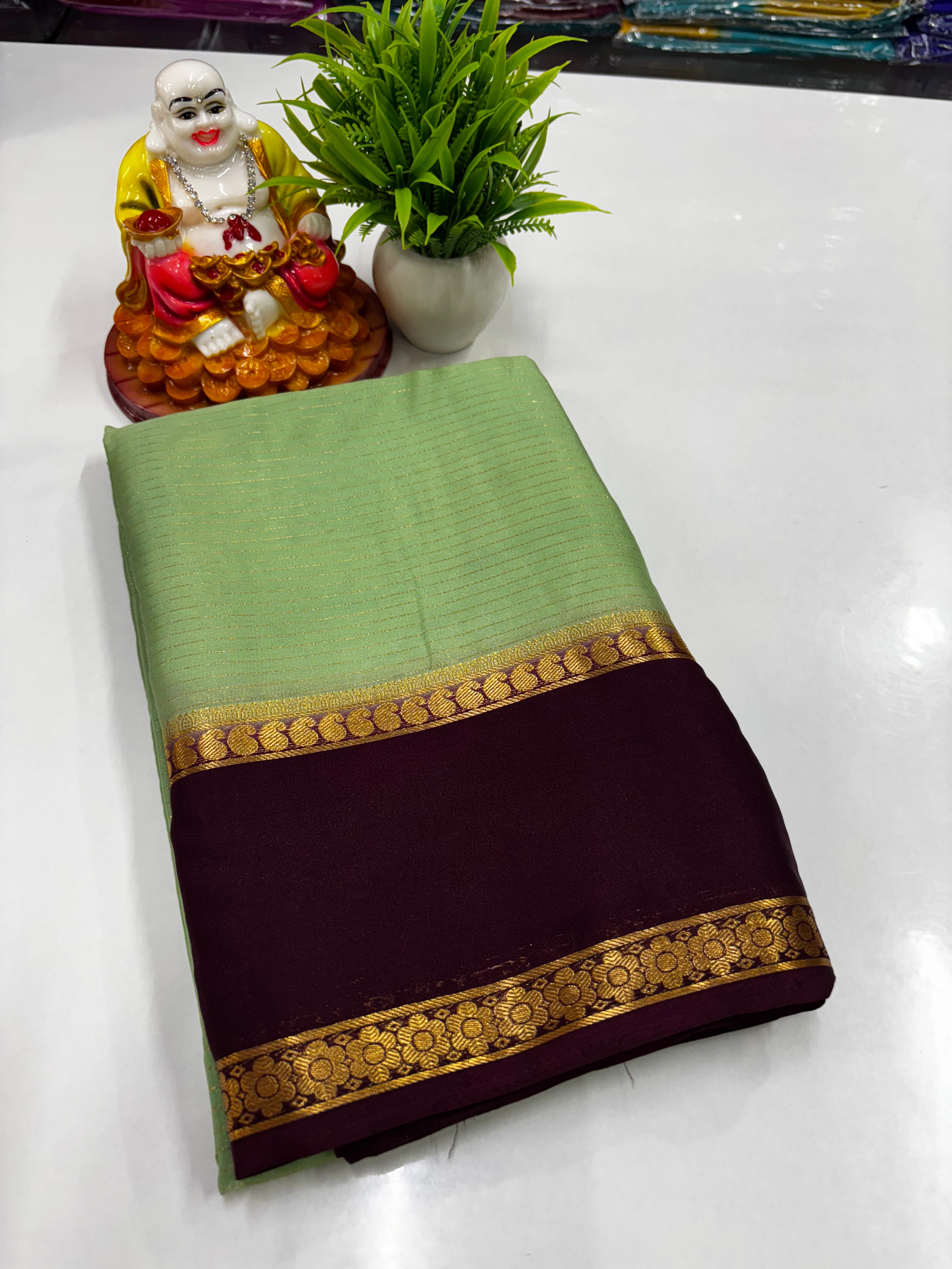 Mysore Crepe Silk Saree with Mango Bentex Border & Stripes Pattern
