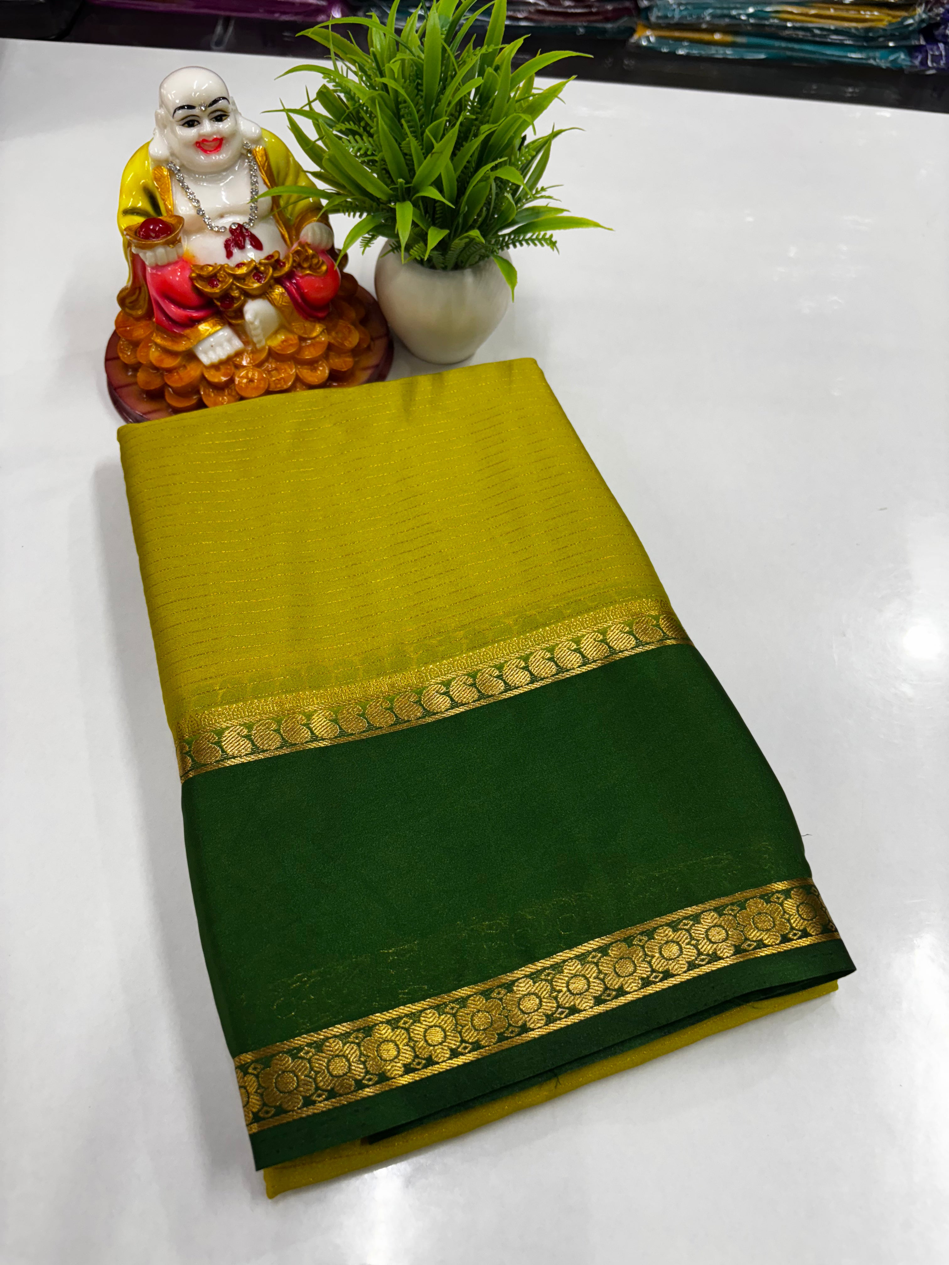 Mysore Crepe Silk Saree with Mango Bentex Border & Stripes Pattern