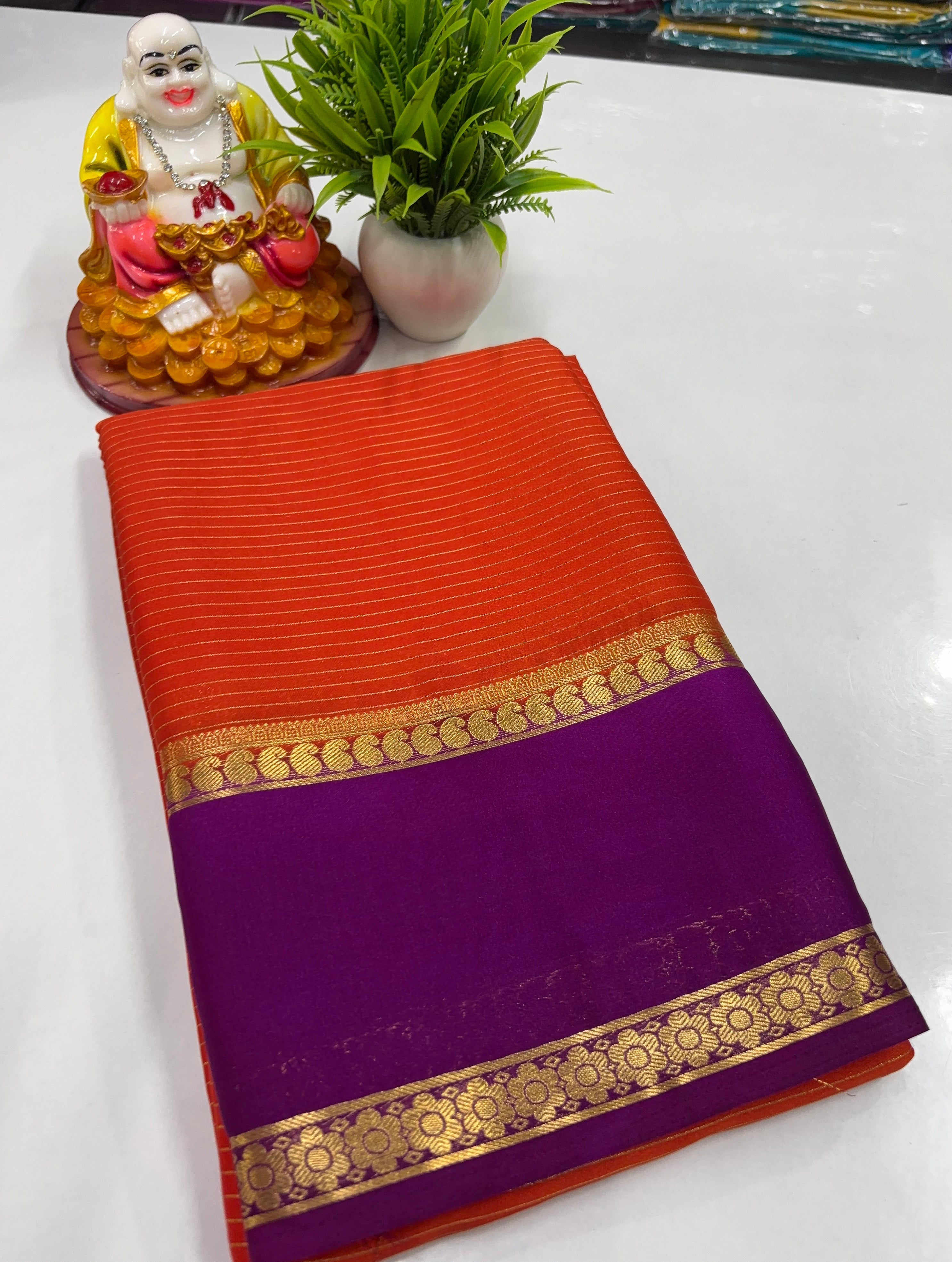 Mysore Crepe Silk Saree with Mango Bentex Border & Stripes Pattern