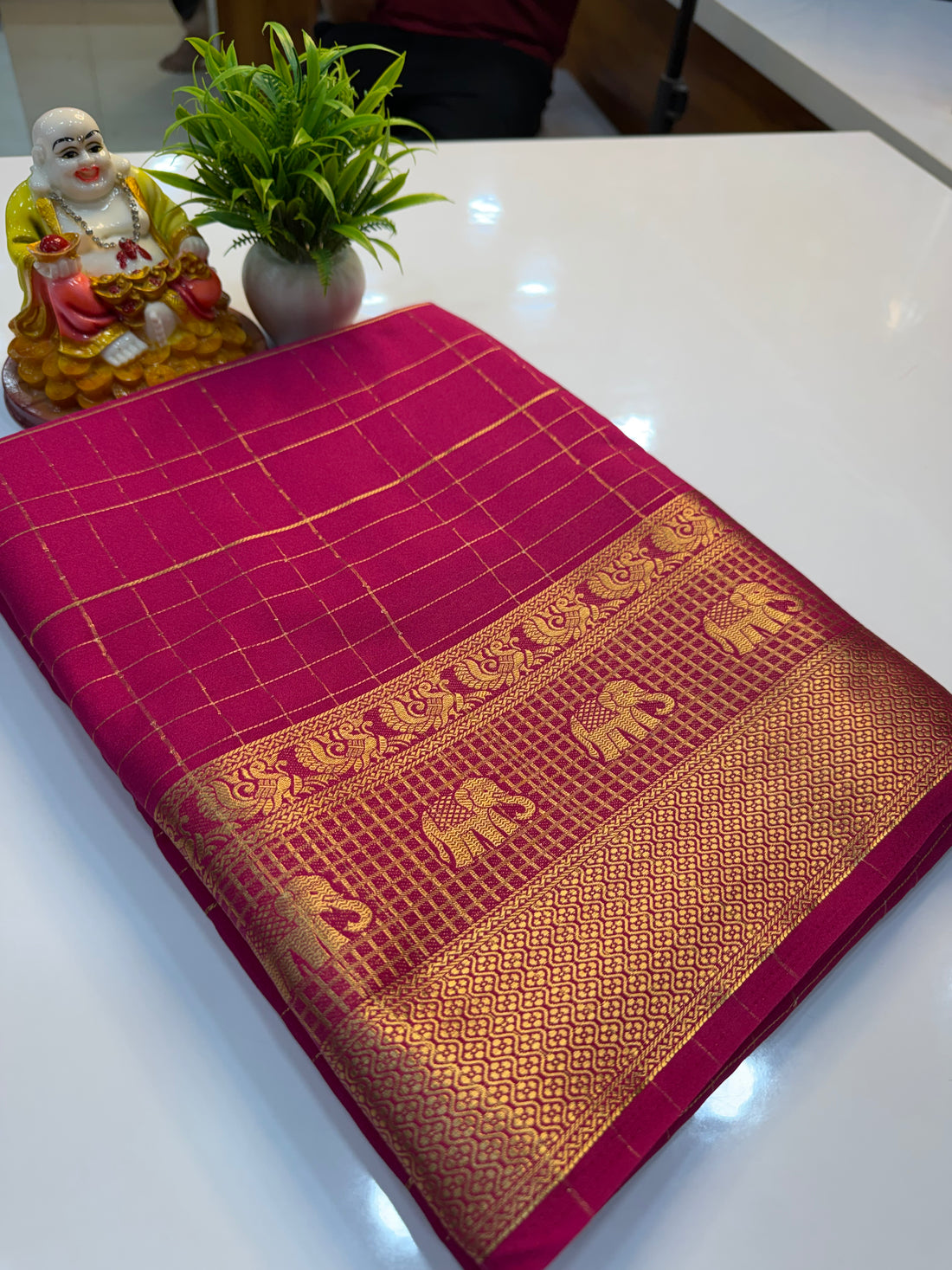 Premium Mysore Crepe Silk Saree with Checks & Elephant Border