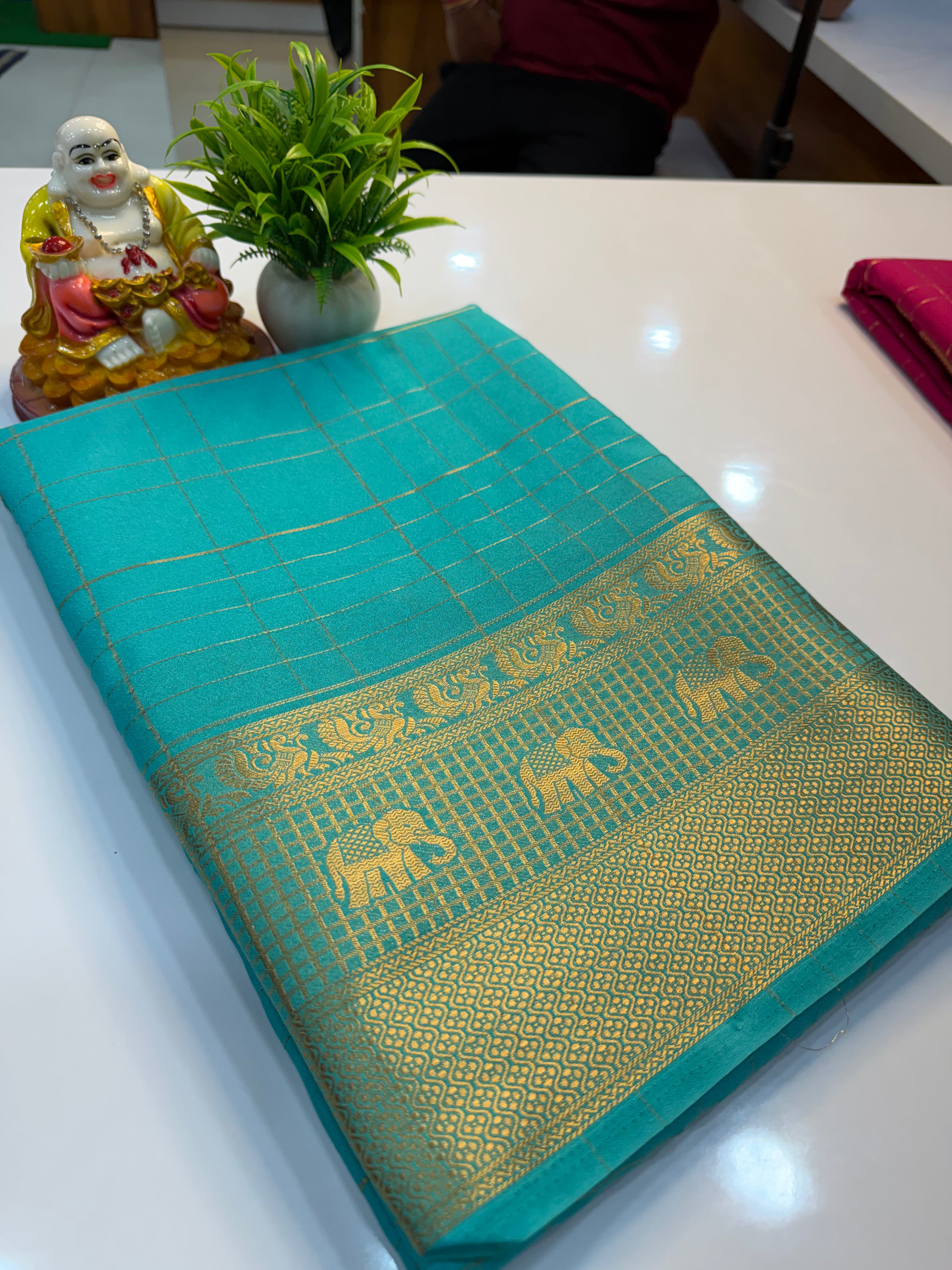 Premium Mysore Crepe Silk Saree with Checks & Elephant Border