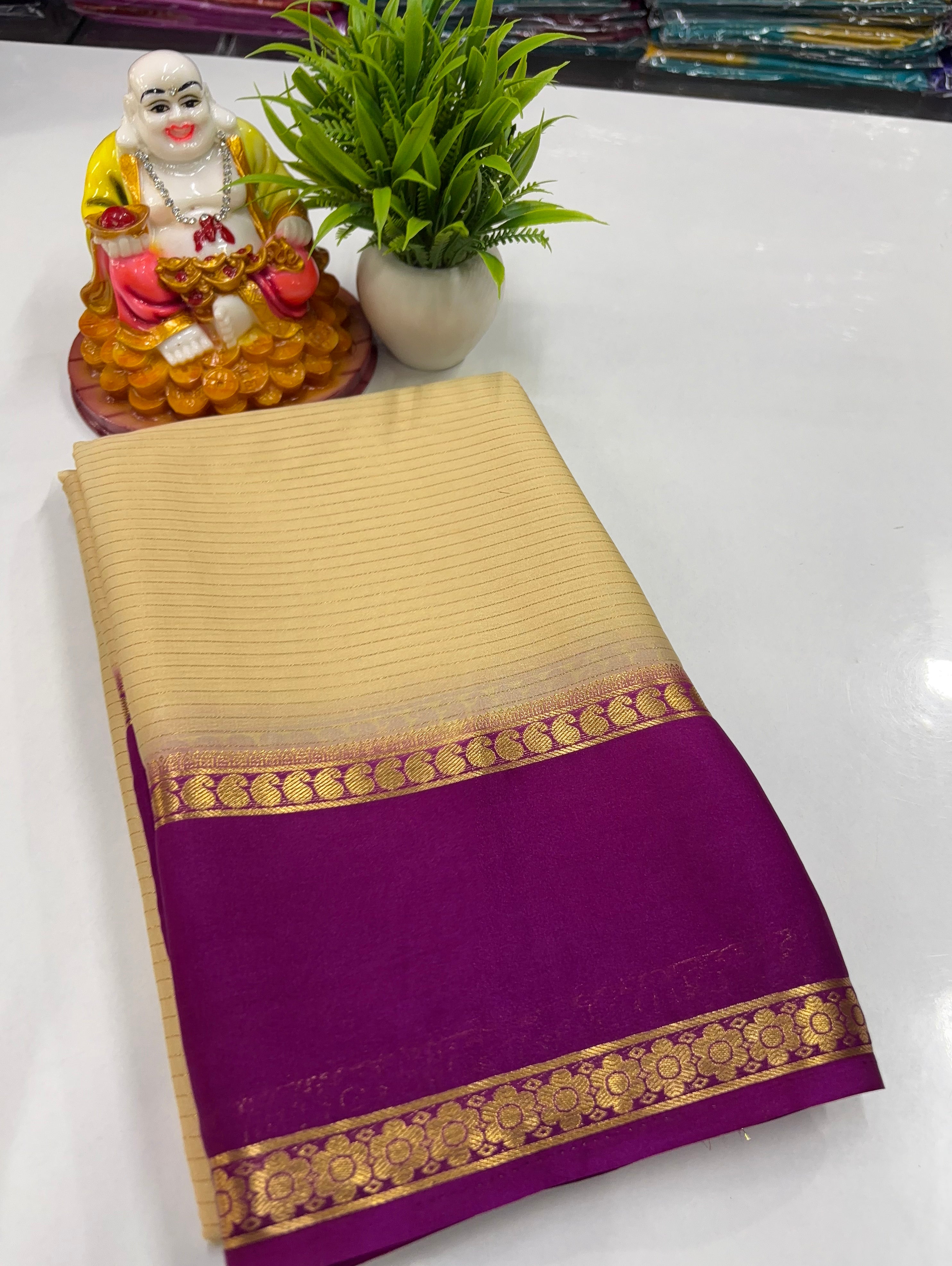 Mysore Crepe Silk Saree with Mango Bentex Border & Stripes Pattern