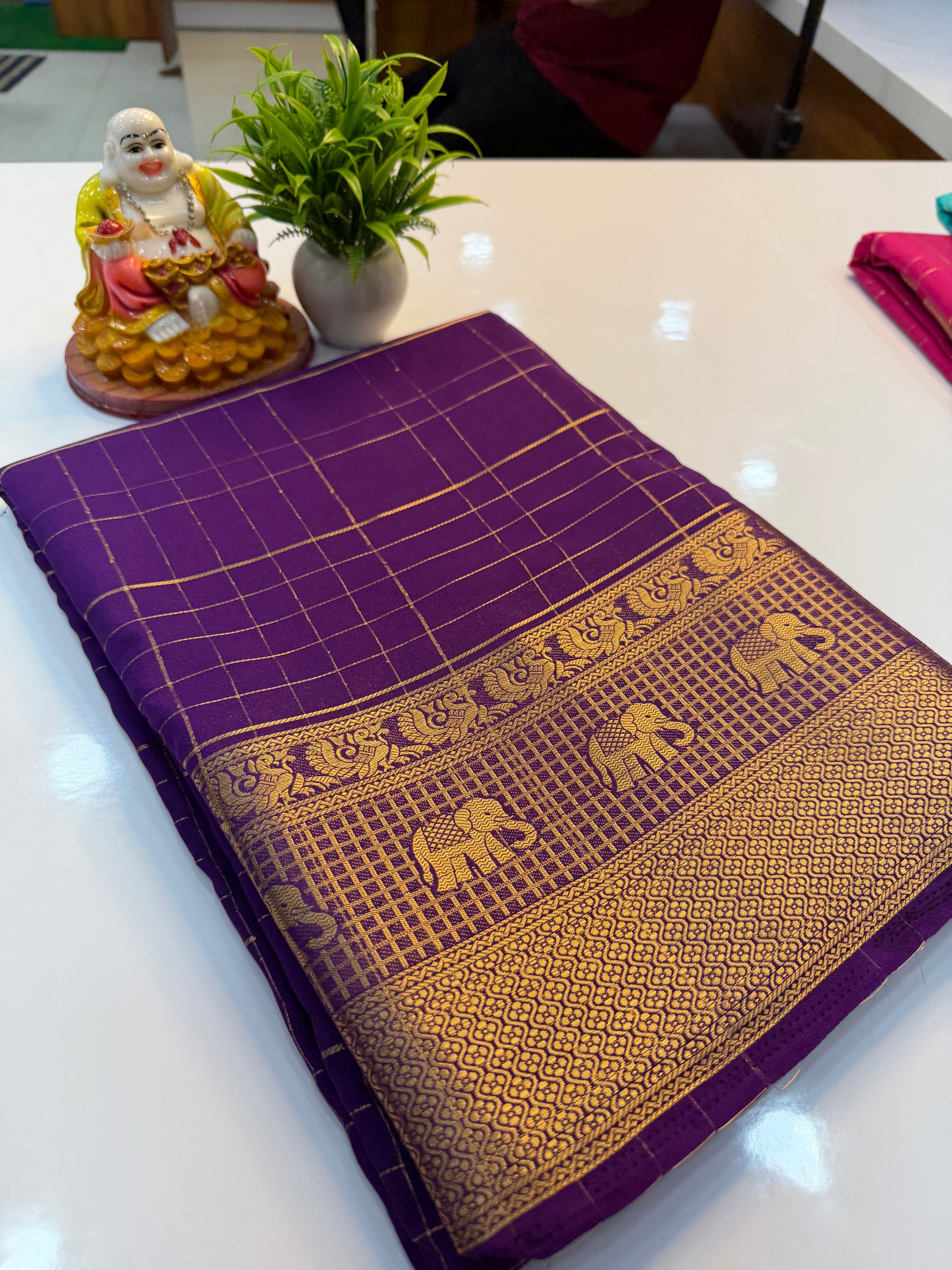 Premium Mysore Crepe Silk Saree with Checks & Elephant Border