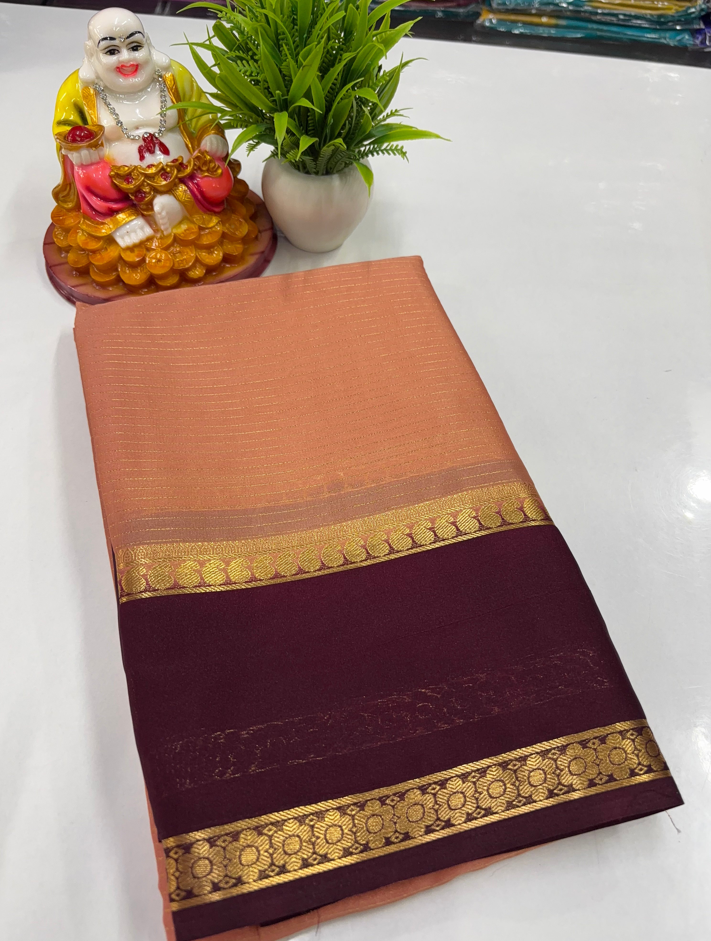 Mysore Crepe Silk Saree with Mango Bentex Border & Stripes Pattern