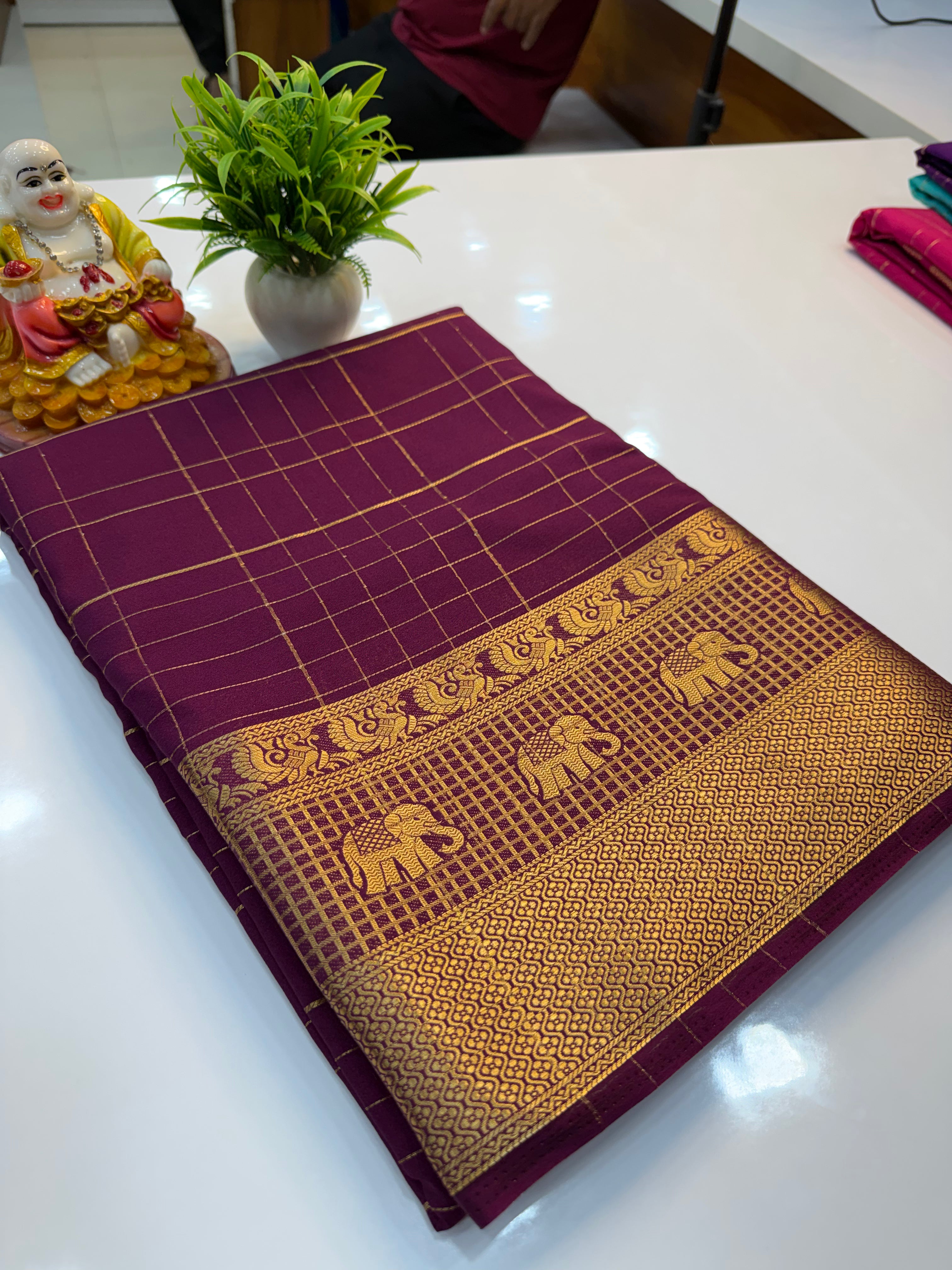 Premium Mysore Crepe Silk Saree with Checks & Elephant Border