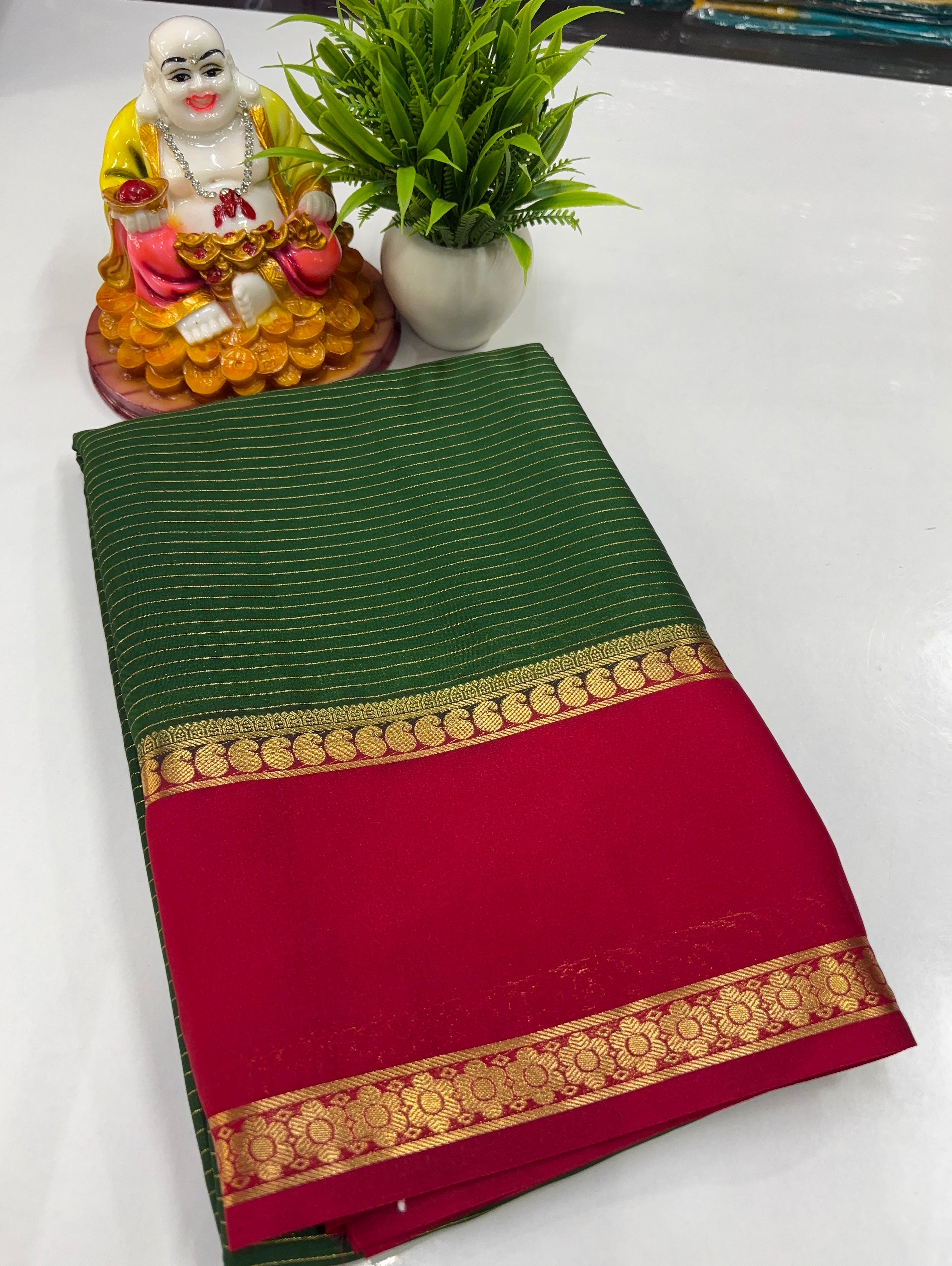 Mysore Crepe Silk Saree with Mango Bentex Border & Stripes Pattern