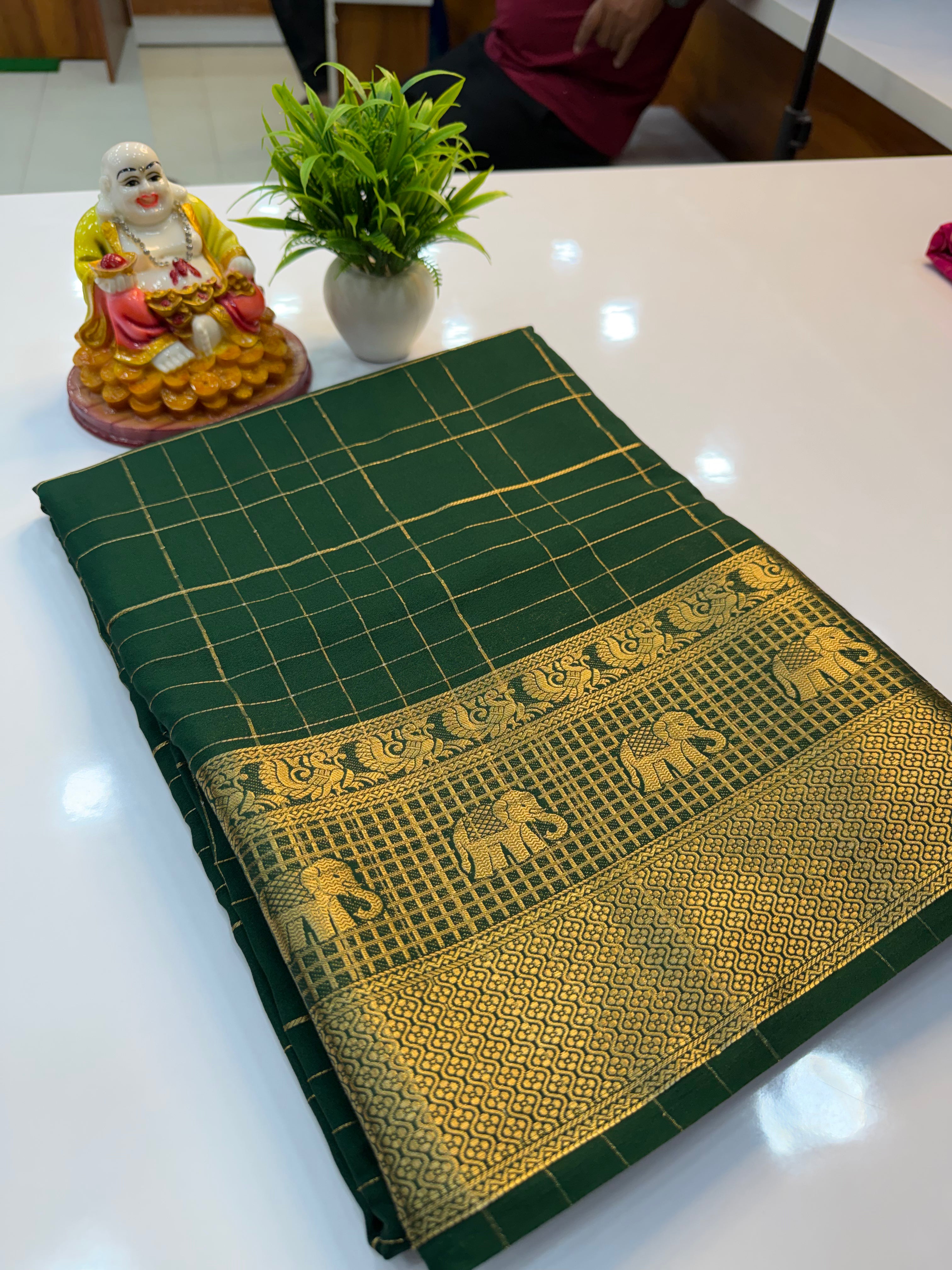 Premium Mysore Crepe Silk Saree with Checks & Elephant Border