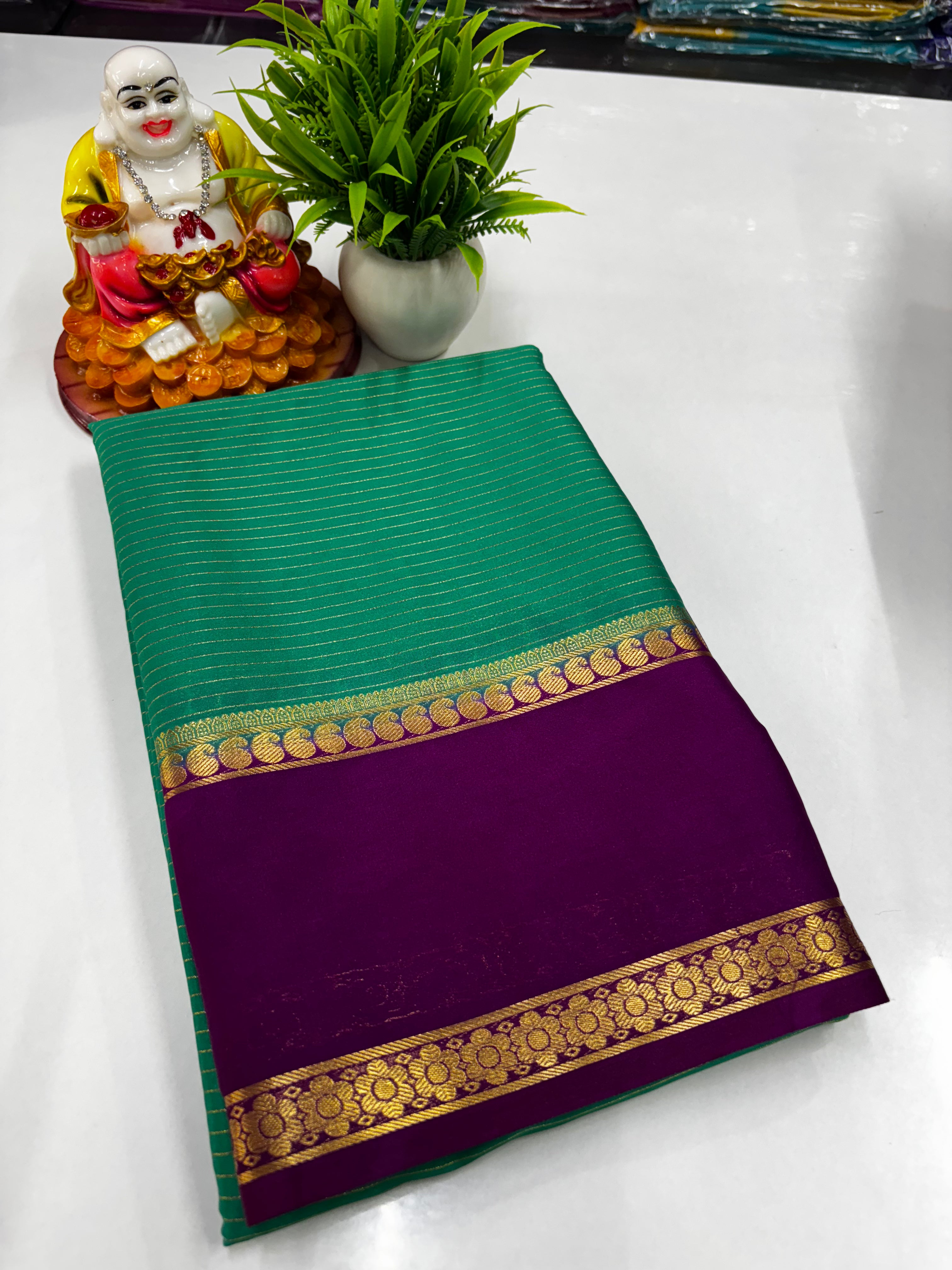 Mysore Crepe Silk Saree with Mango Bentex Border & Stripes Pattern