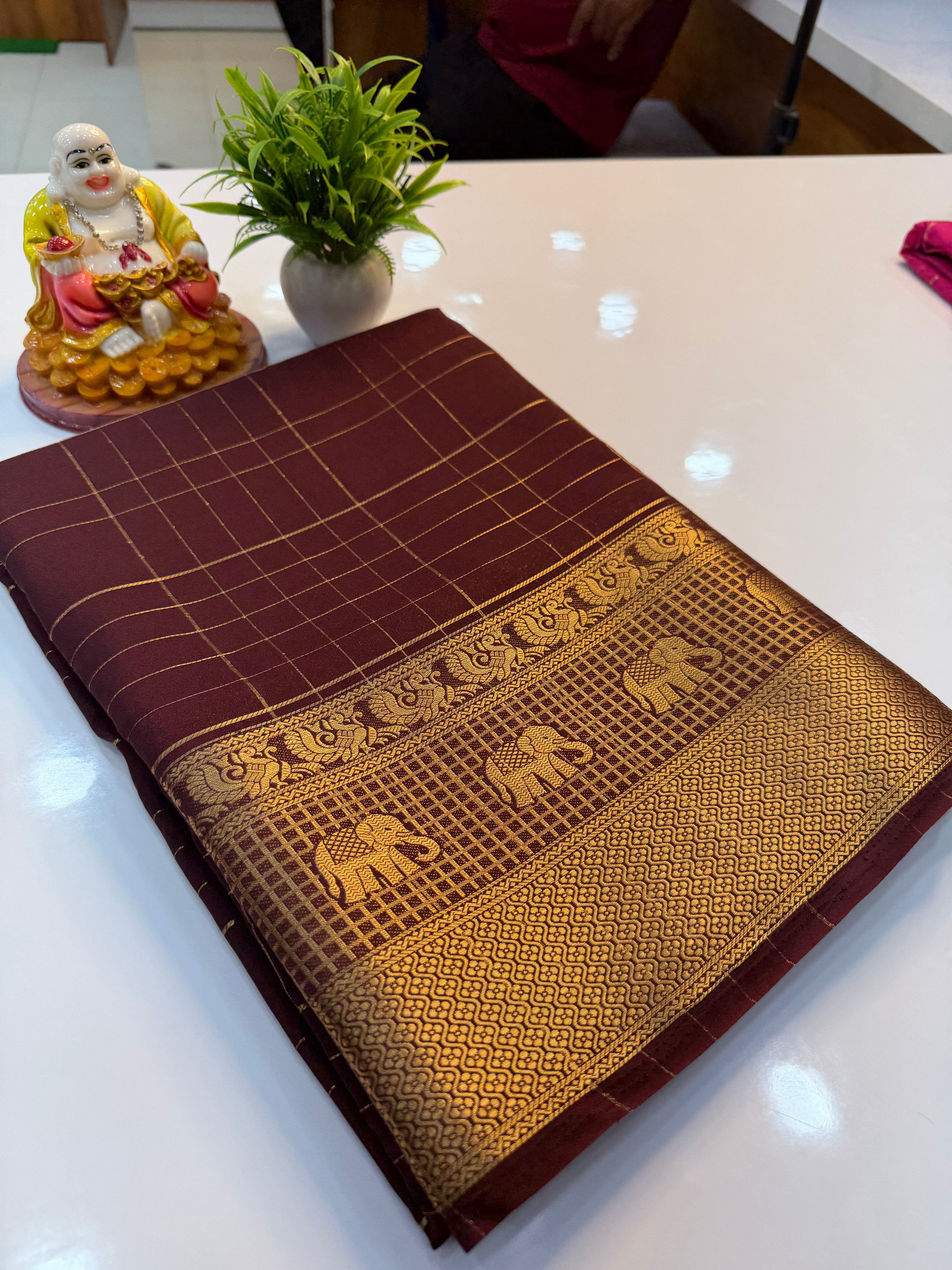Premium Mysore Crepe Silk Saree with Checks & Elephant Border