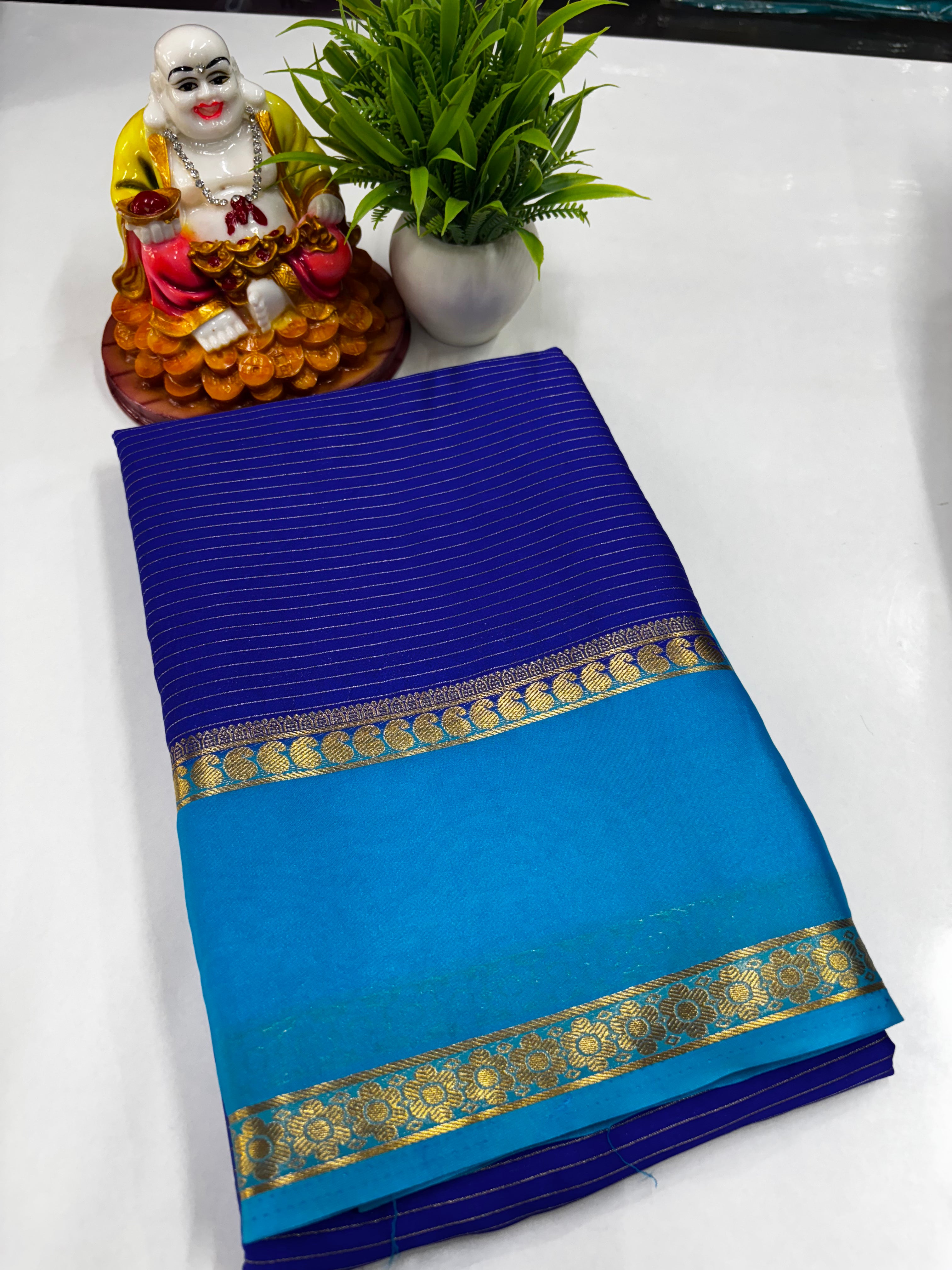 Mysore Crepe Silk Saree with Mango Bentex Border & Stripes Pattern