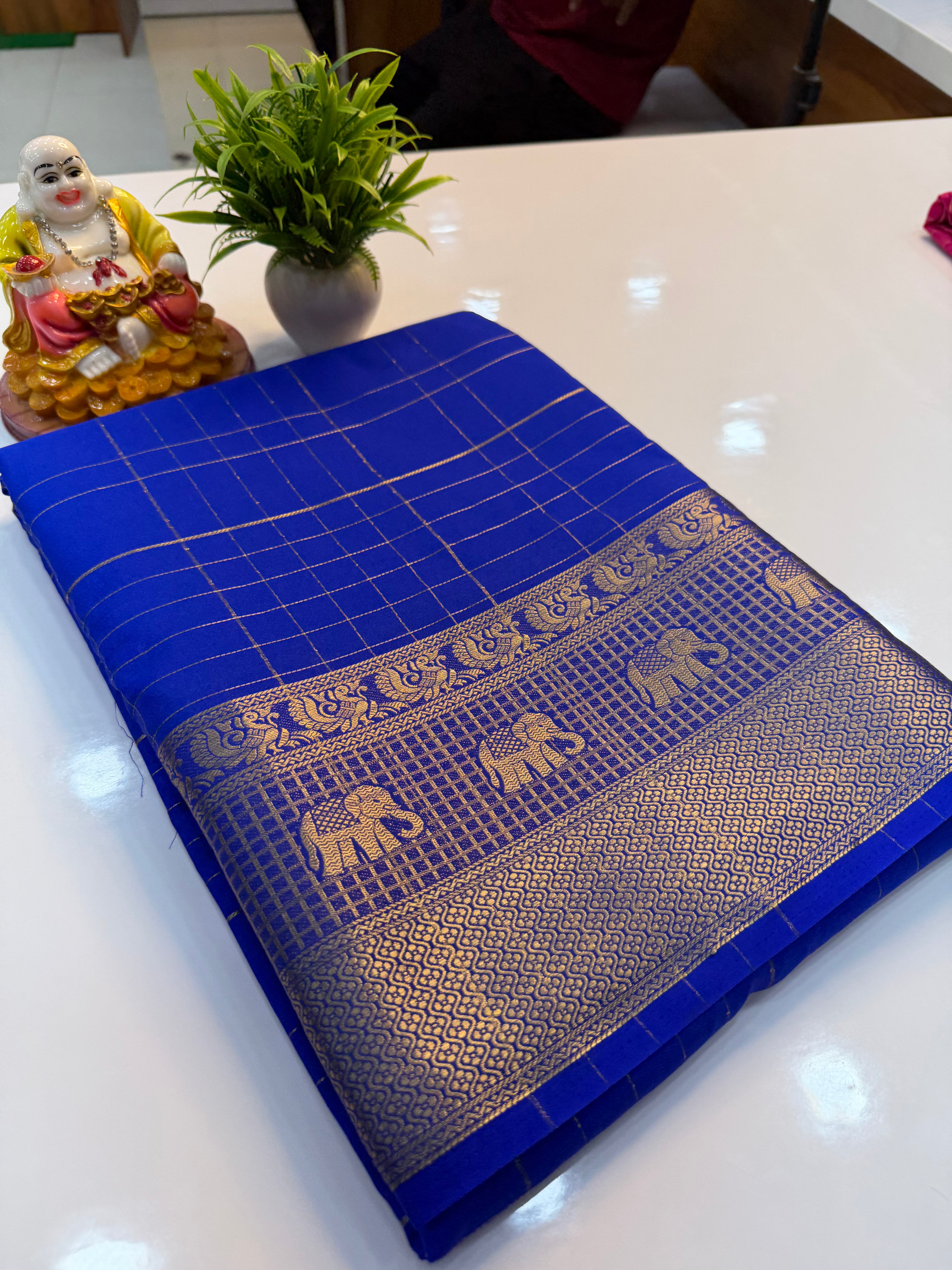 Premium Mysore Crepe Silk Saree with Checks & Elephant Border