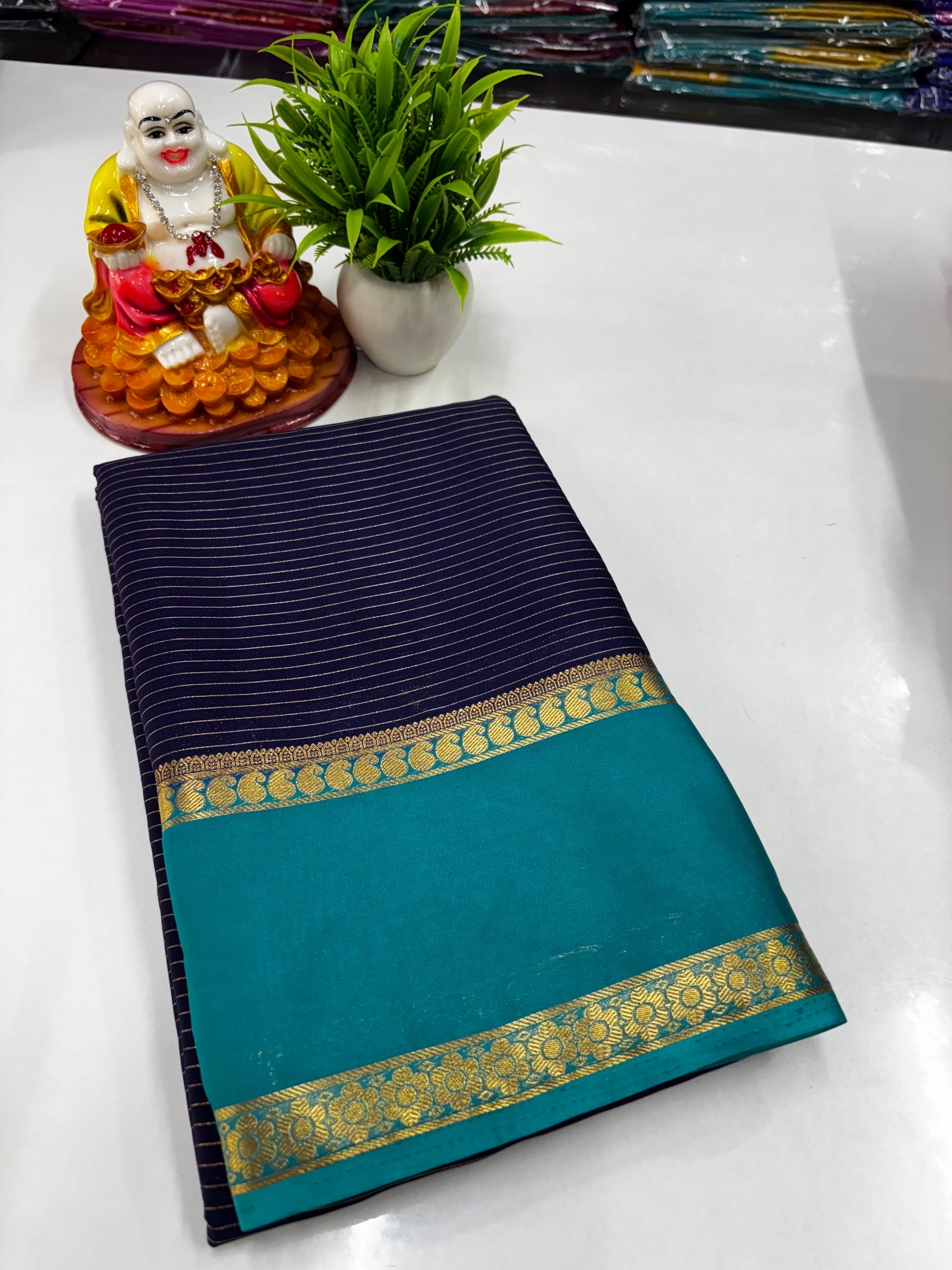 Mysore Crepe Silk Saree with Mango Bentex Border & Stripes Pattern