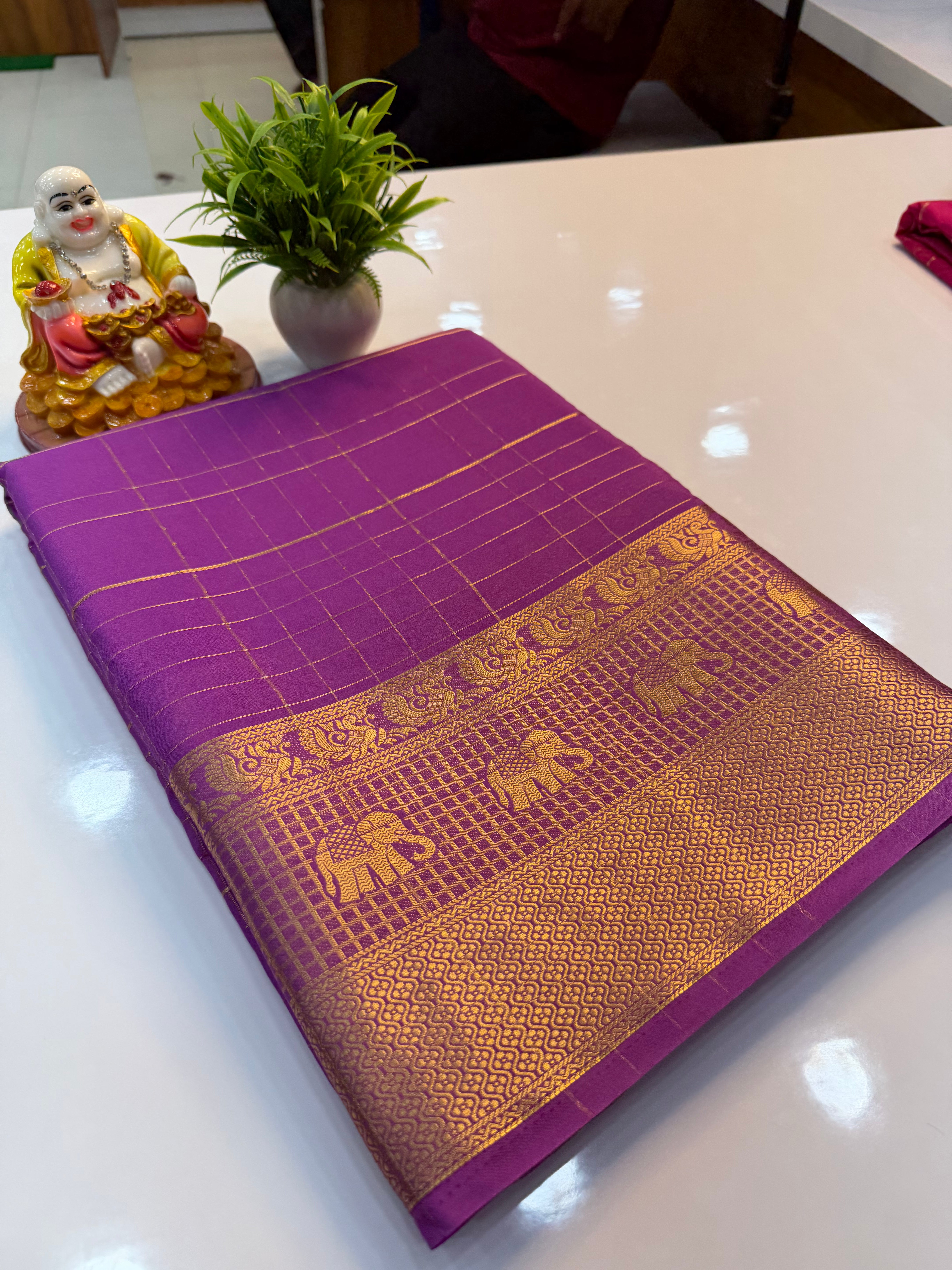 Premium Mysore Crepe Silk Saree with Checks & Elephant Border