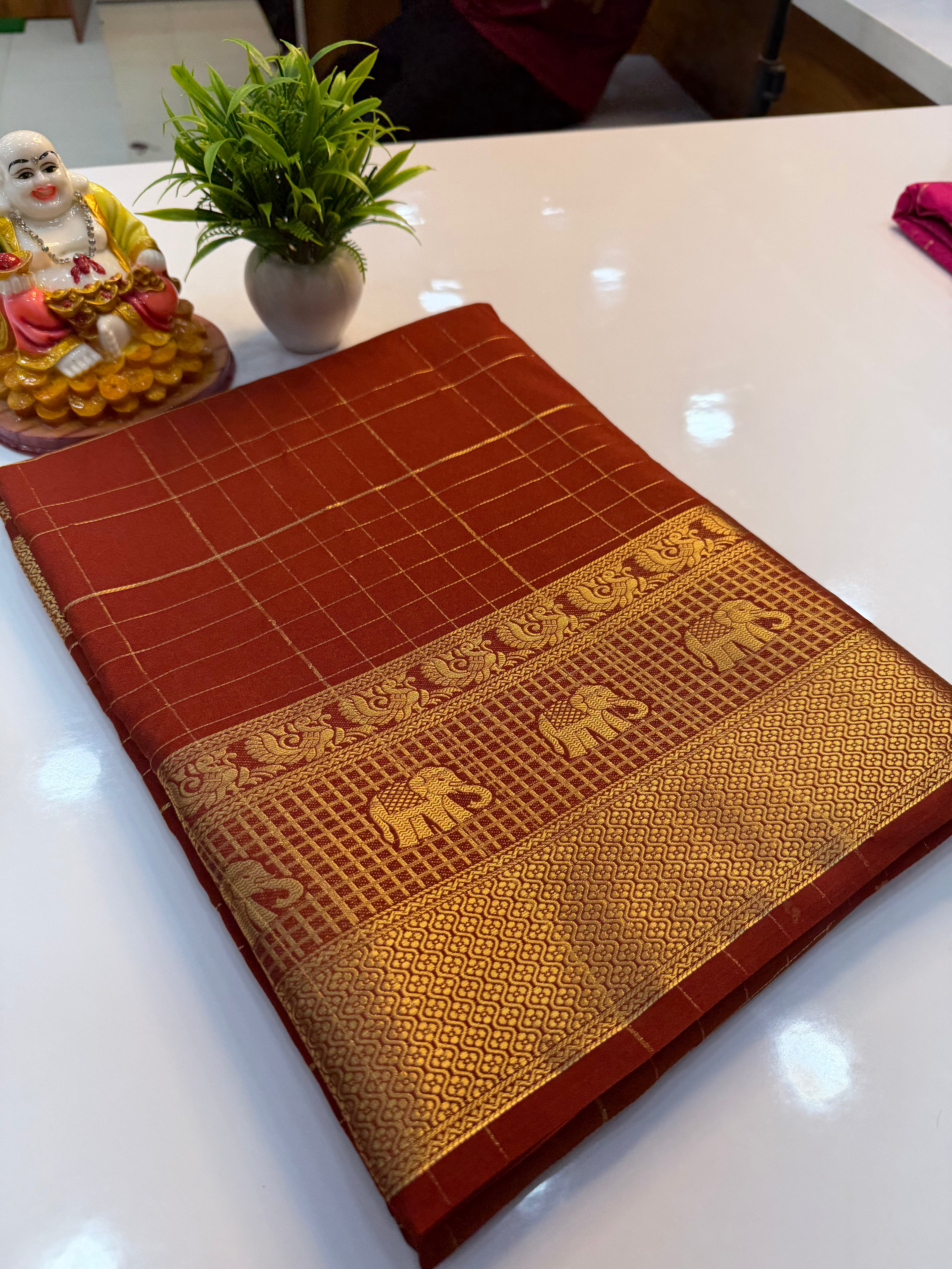 Premium Mysore Crepe Silk Saree with Checks & Elephant Border