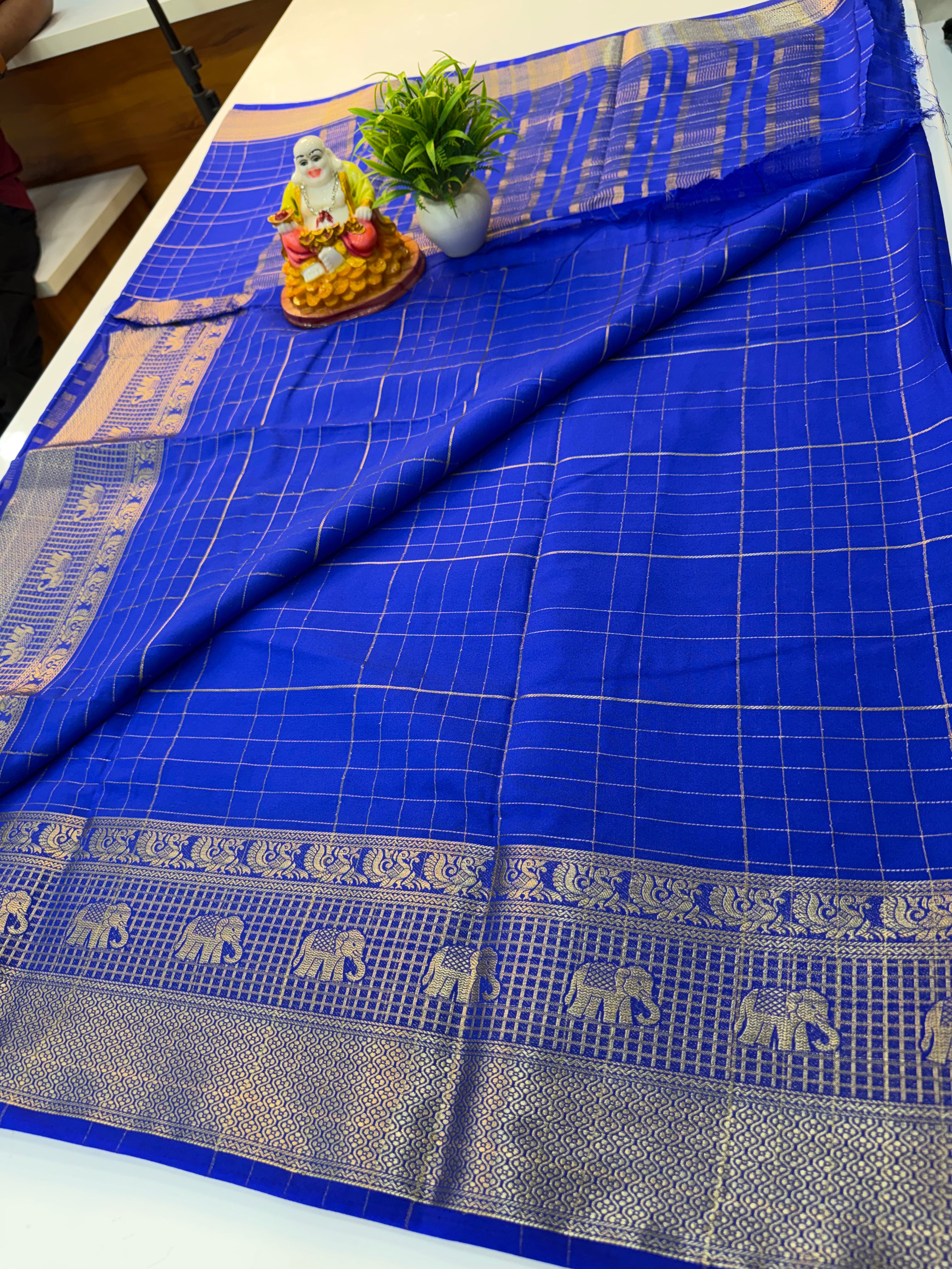 Premium Mysore Crepe Silk Saree with Checks & Elephant Border