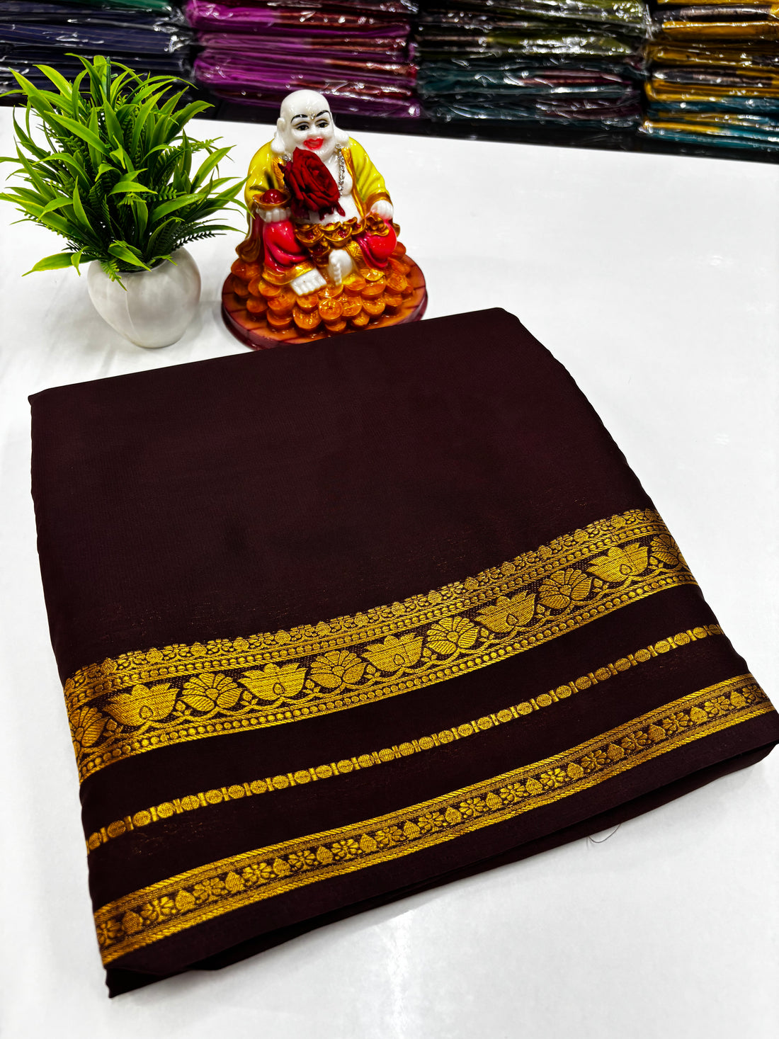 Mysore Crepe Silk Saree with Lotus Border & Chit Pallu