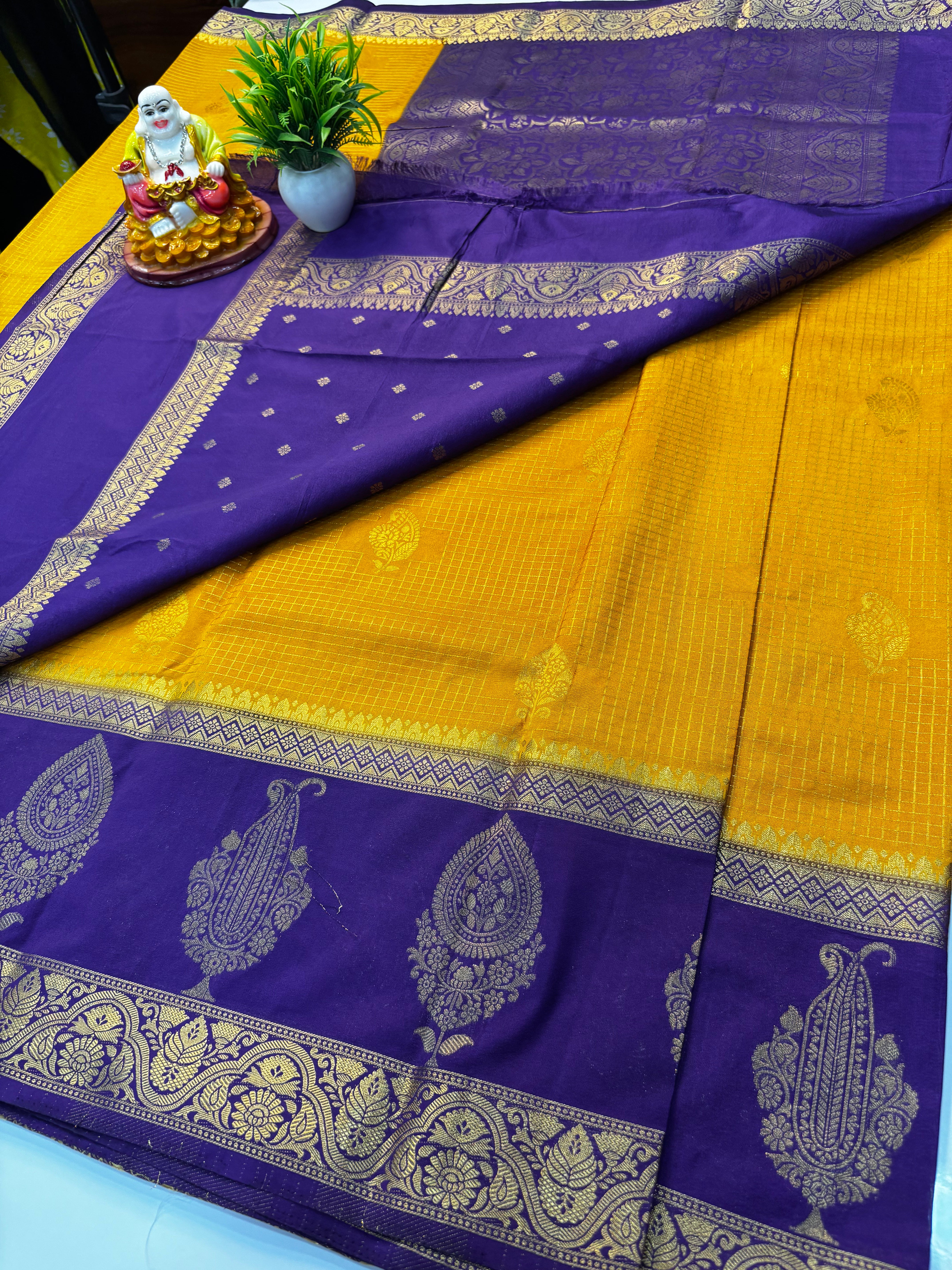 Premium Georgette Saree with Checks Pattern, Leaf & Mango Design