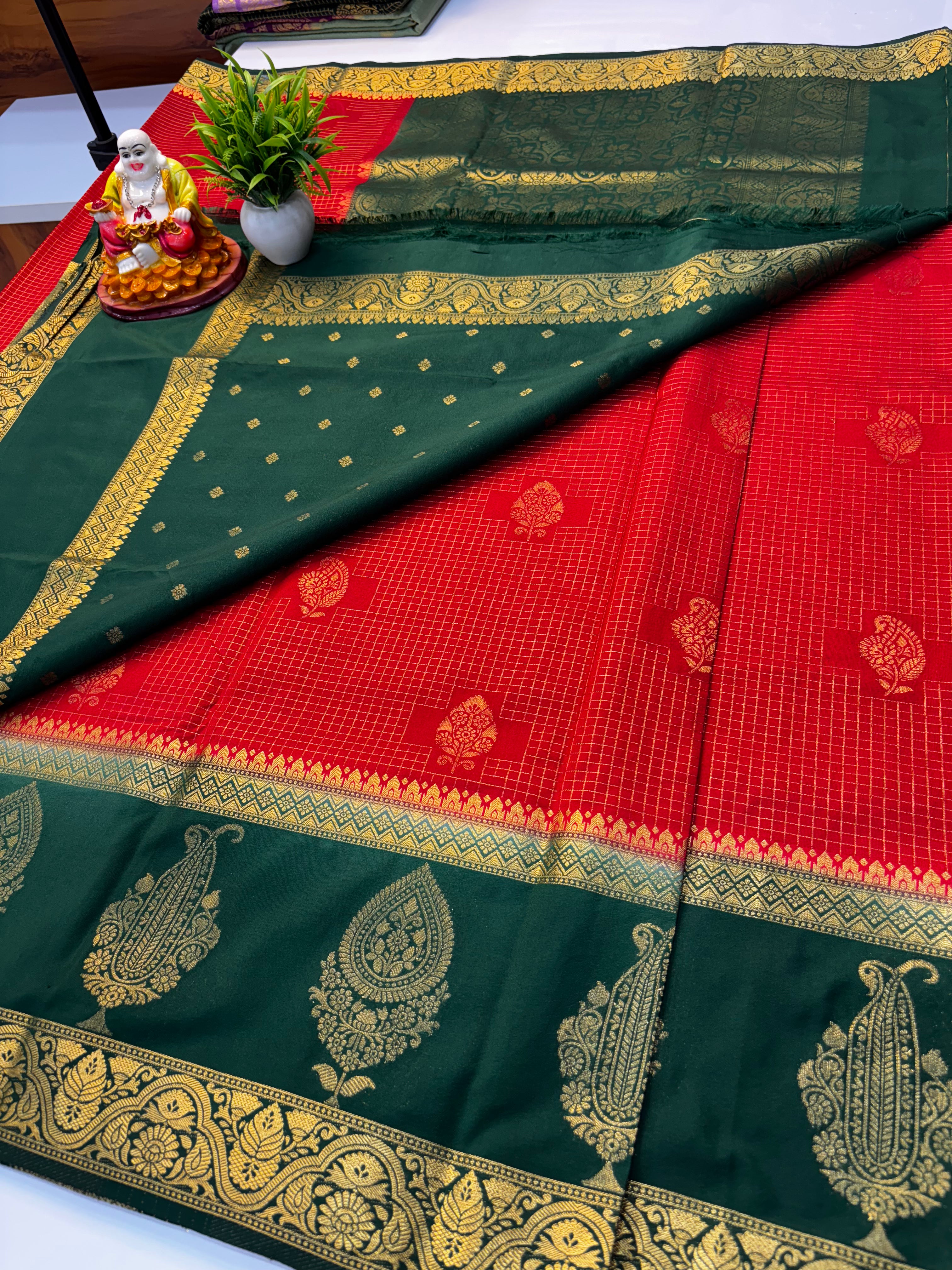 Premium Georgette Saree with Checks Pattern, Leaf & Mango Design
