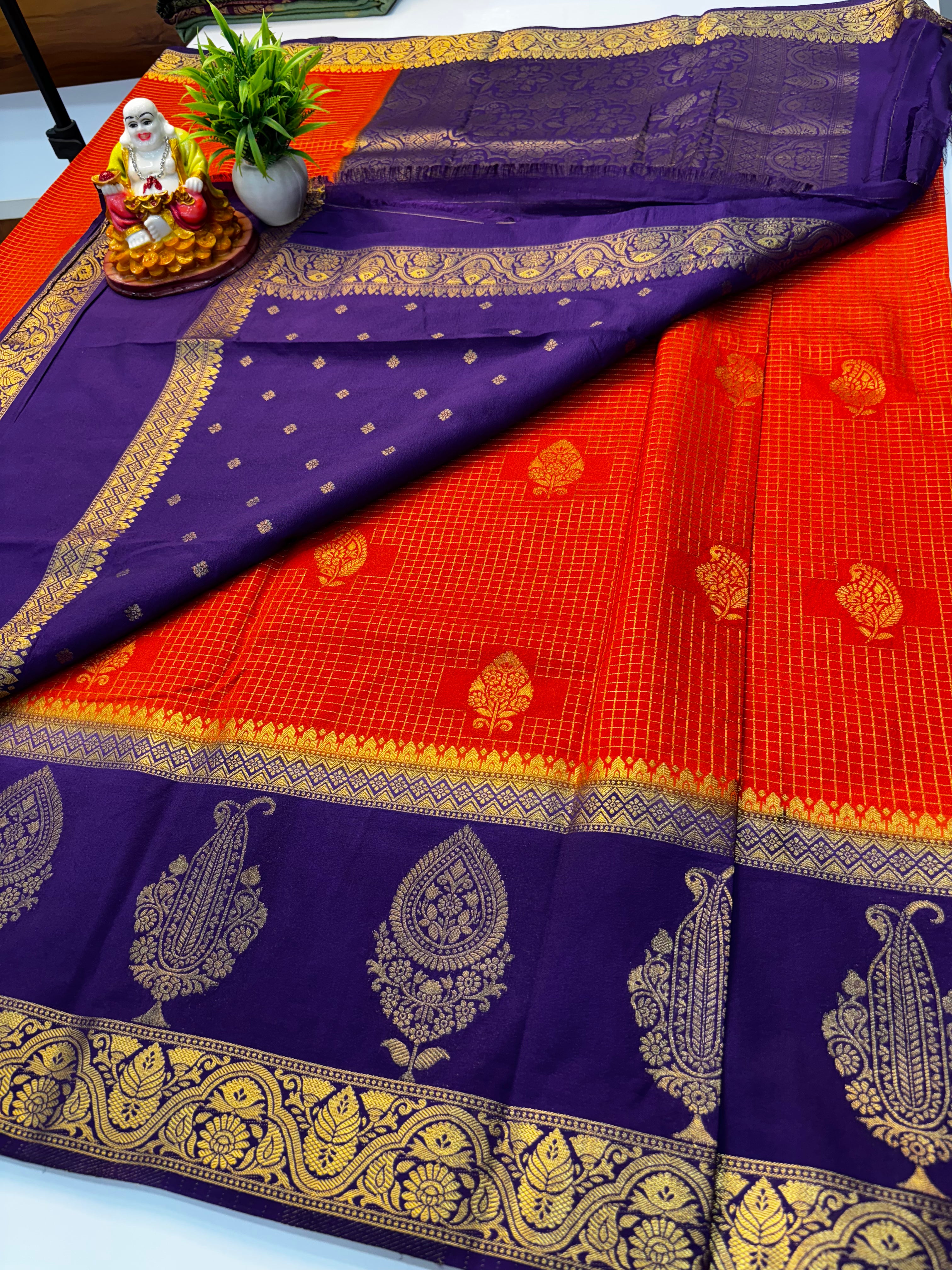 Premium Georgette Saree with Checks Pattern, Leaf & Mango Design